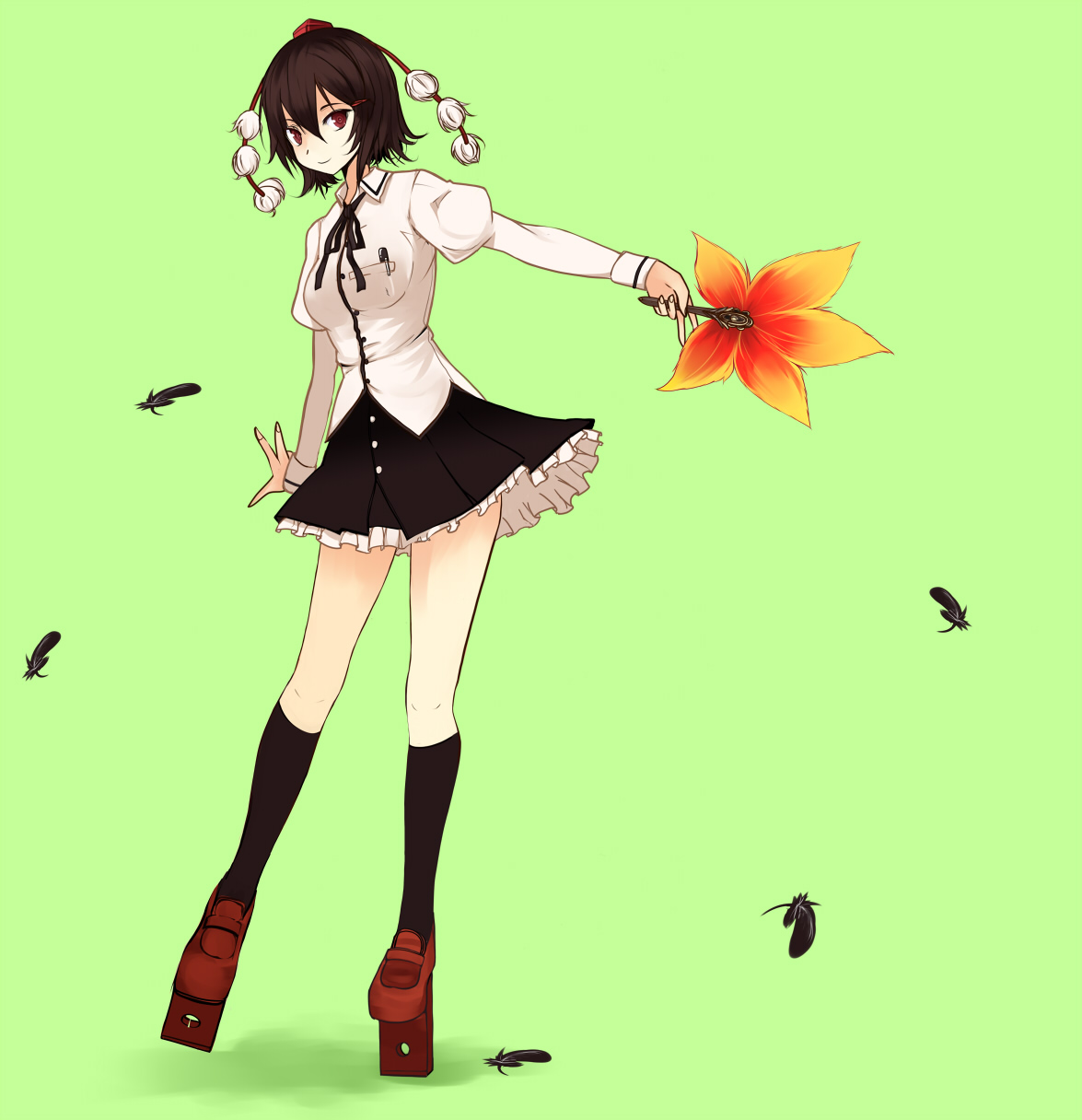 takaharu, shameimaru aya, touhou, highres, 1girl, feathers, female focus, geta, hand fan, hat, looking at viewer, short hair, skirt, smile, solo, tengu-geta