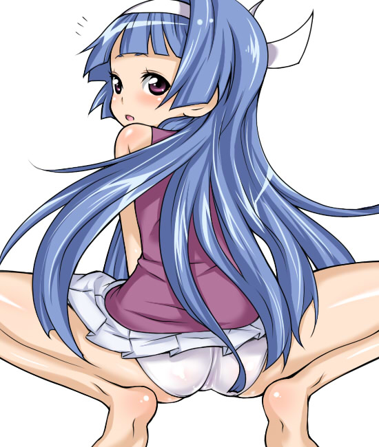 kanya pyi, nagi, kannagi, 00s, 1girl, ass, barefoot, blunt bangs, female focus, looking back, panties, solo, spread legs, squatting, underwear, white panties