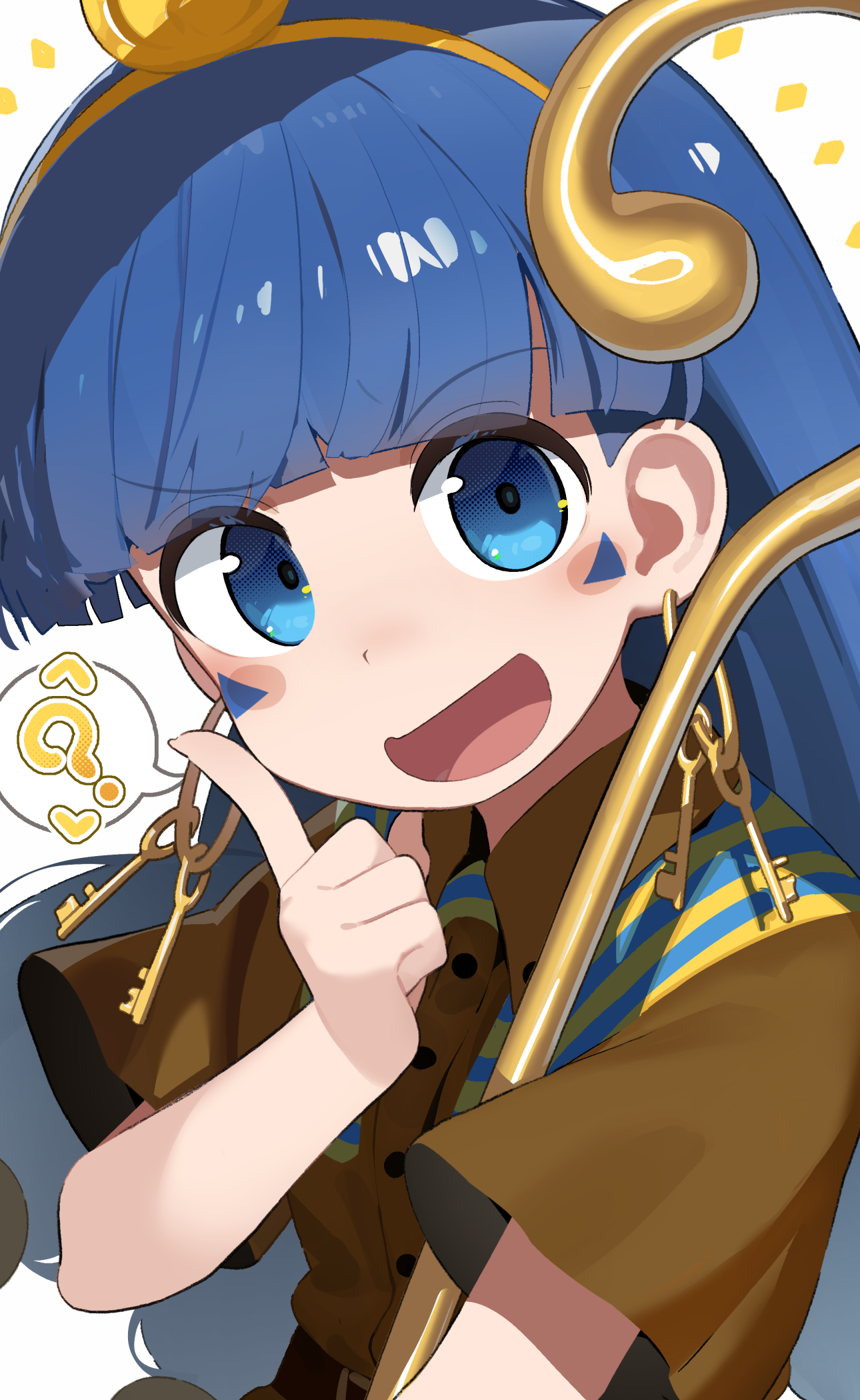 monosenbei, michigami nareko, touhou, commentary request, highres, 1girl, :d, ?, blue eyes, blue hair, brown shirt, facial mark, hand up, headdress, indoors, key, keyring, long hair, looking at viewer, open mouth, shirt, short sleeves, simple background, smile, solo, spoken question mark, upper body, white background, wide sleeves