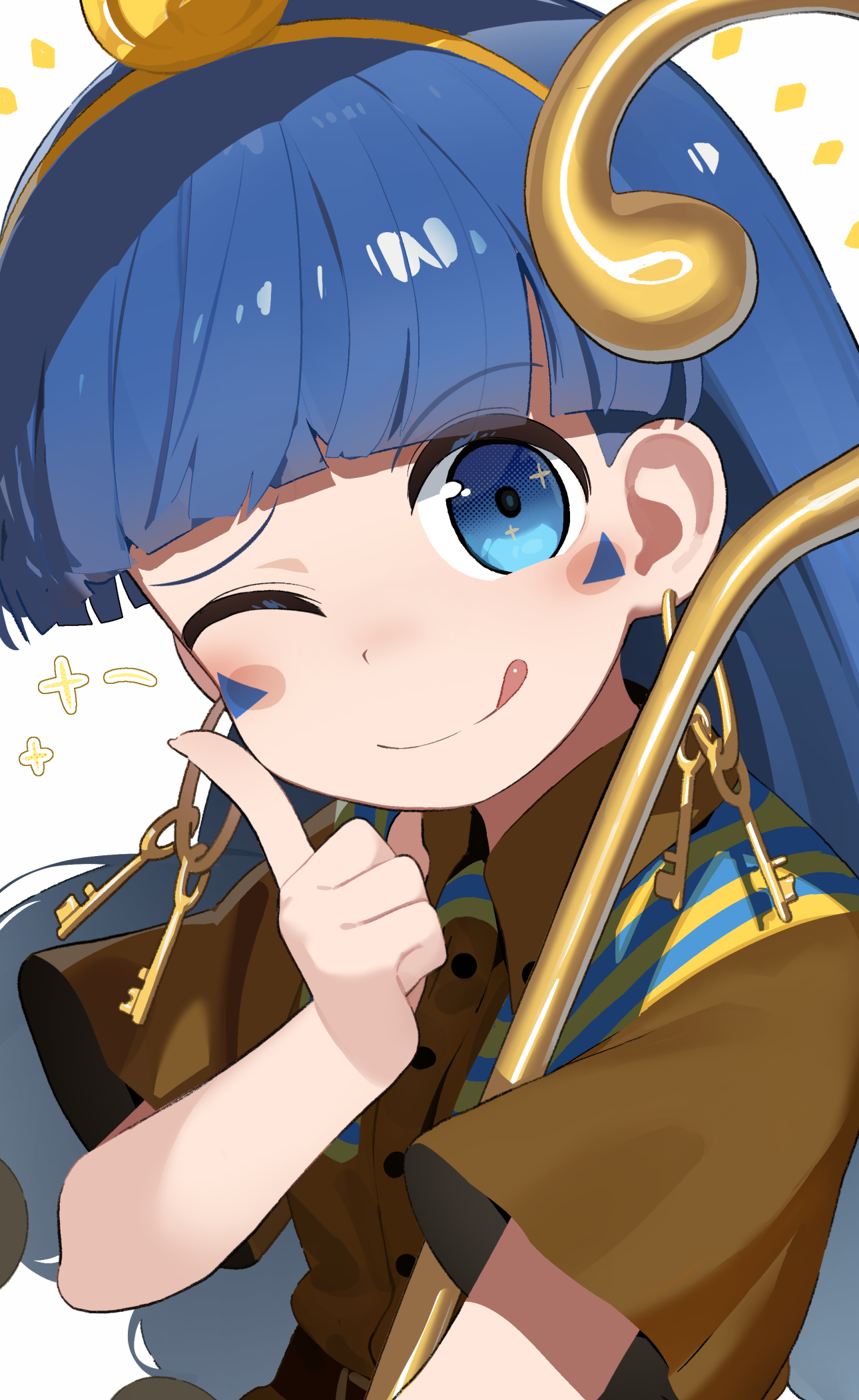 monosenbei, michigami nareko, touhou, highres, 1girl, ;q, blue hair, brown shirt, closed mouth, facial mark, hand up, headdress, indoors, key, keyring, long hair, looking at viewer, one eye closed, shirt, short sleeves, simple background, smile, solo, sparkle, tongue, tongue out, upper body, white background, wide sleeves