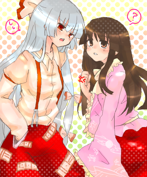 fujiwara no mokou, houraisan kaguya, touhou, silver hair, !, 2girls, ?, brown eyes, brown hair, buckle, cowboy shot, female focus, long hair, looking at viewer, multiple girls, ofuda, pants, red skirt, ribbon, skirt, speech bubble, spoken exclamation mark, spoken question mark, suspenders, talking, text focus