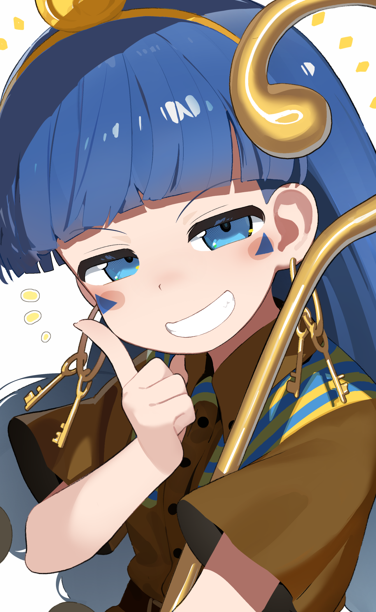monosenbei, michigami nareko, touhou, highres, 1girl, blue eyes, blue hair, brown shirt, facial mark, grin, half-closed eyes, hand up, headdress, indoors, key, keyring, long hair, looking at viewer, notice lines, shirt, short sleeves, simple background, smile, solo, upper body, white background, wide sleeves