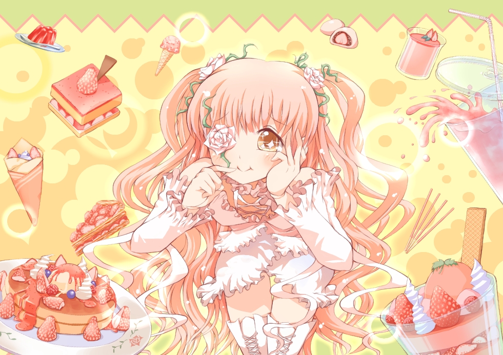yugusa yuube, kirakishou, rozen maiden, 00s, dessert, eyepatch, flower, food, long hair, pink hair, solo, thighhighs