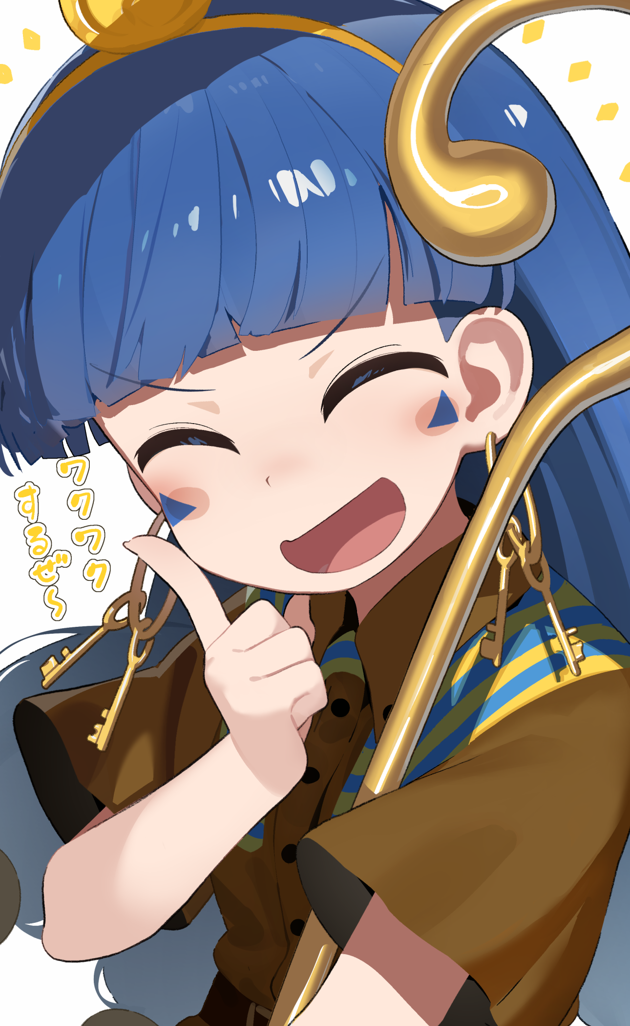 monosenbei, michigami nareko, touhou, highres, translation request, 1girl, :d, ^ ^, blue hair, brown shirt, closed eyes, facial mark, facing viewer, hand up, headdress, indoors, key, keyring, long hair, open mouth, shirt, short sleeves, simple background, smile, solo, upper body, v-shaped eyebrows, white background, wide sleeves