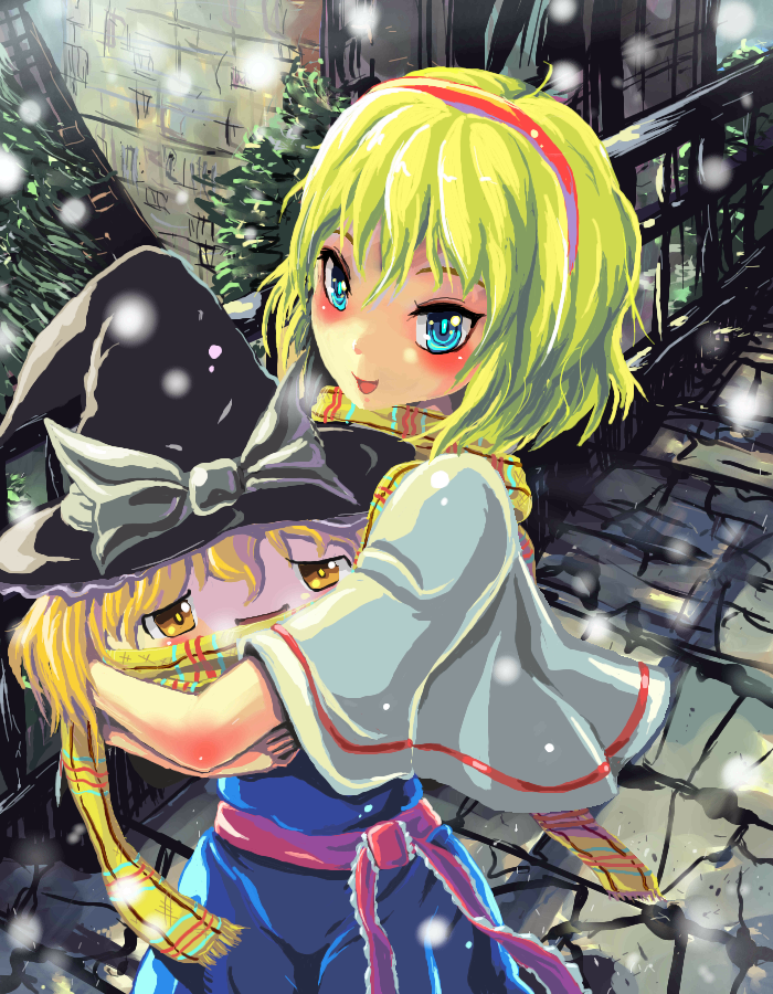 kabutoyama, alice margatroid, kirisame marisa, perfect cherry blossom, touhou, 2girls, dress, female focus, hat, multiple girls, outdoors, plant, scarf, snow, solo, yukkuri shiteitte ne