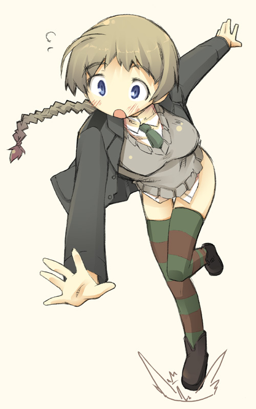 lynette bishop, strike witches, world witches series, 00s, 1girl, blue eyes, braid, female focus, single braid, solo, striped clothes, striped thighhighs, thighhighs, tripping