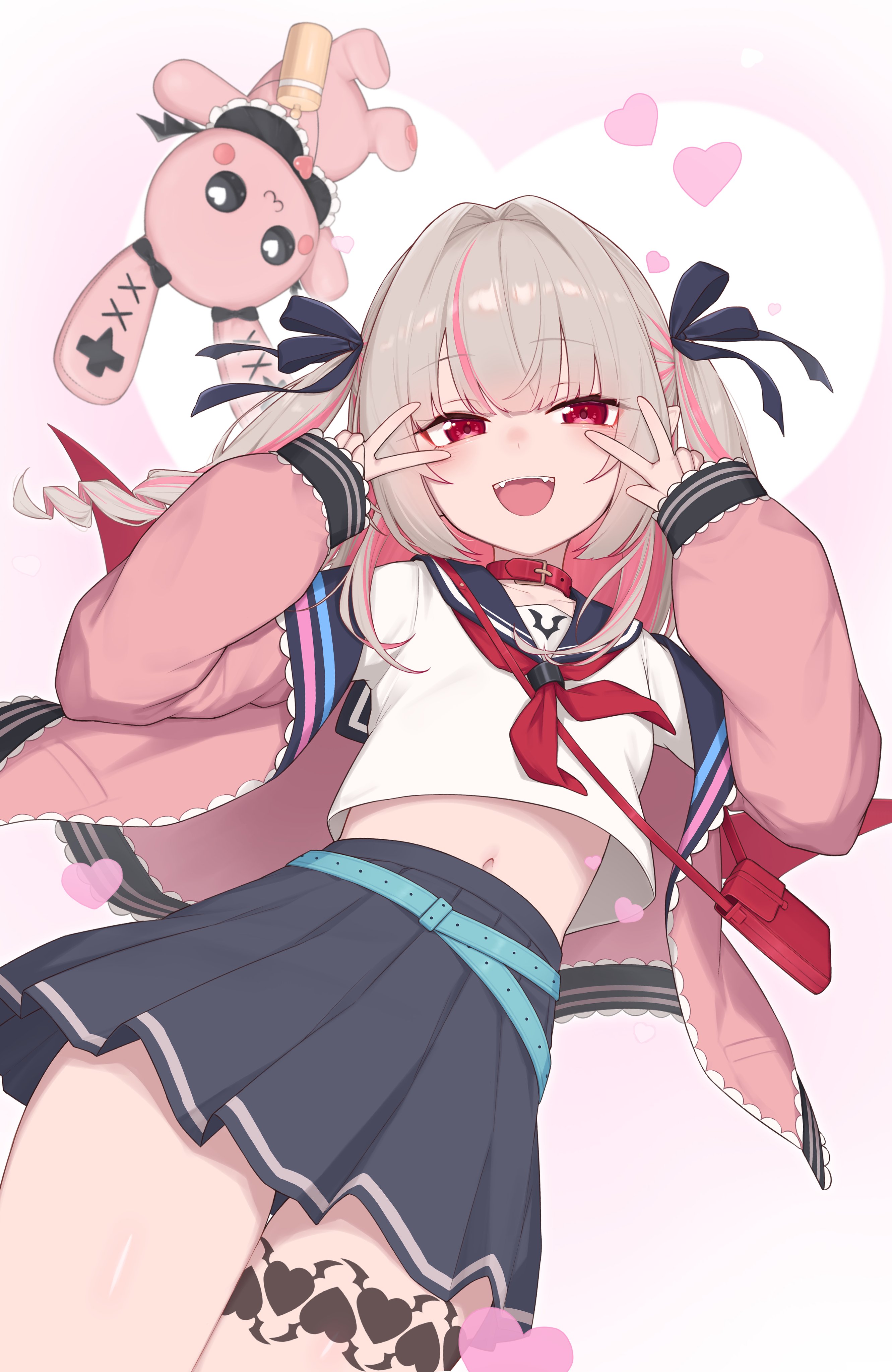 makaino ririmu, makaino ririmu (4th costume), nijisanji, absurdres, highres, 1girl, :d, aqua belt, bag, belt, belt collar, blue ribbon, blue sailor collar, blue skirt, blush, collar, colored inner hair, cowboy shot, demon wings, double v, drill hair, dutch angle, fangs, from below, grey hair, hair intakes, hair over shoulder, hair ribbon, handbag, heart, jacket, kominatonamiko, leg tattoo, long hair, looking at viewer, loose belt, midriff, miniskirt, multicolored hair, navel, neckerchief, off shoulder, open clothes, open jacket, open mouth, pink hair, pink jacket, pink streaks, pleated skirt, pointy ears, red bag, red collar, red eyes, red neckerchief, red wings, ribbon, sailor collar, school uniform, serafuku, shirt, shoulder bag, sidelocks, simple background, skirt, sleeves past wrists, smile, solo, standing, streaked hair, stuffed animal, stuffed rabbit, stuffed toy, tattoo, thigh gap, two-tone hair, two side up, v, v over eye, virtual youtuber, white background, white shirt, winged heart, winged heart tattoo, wings