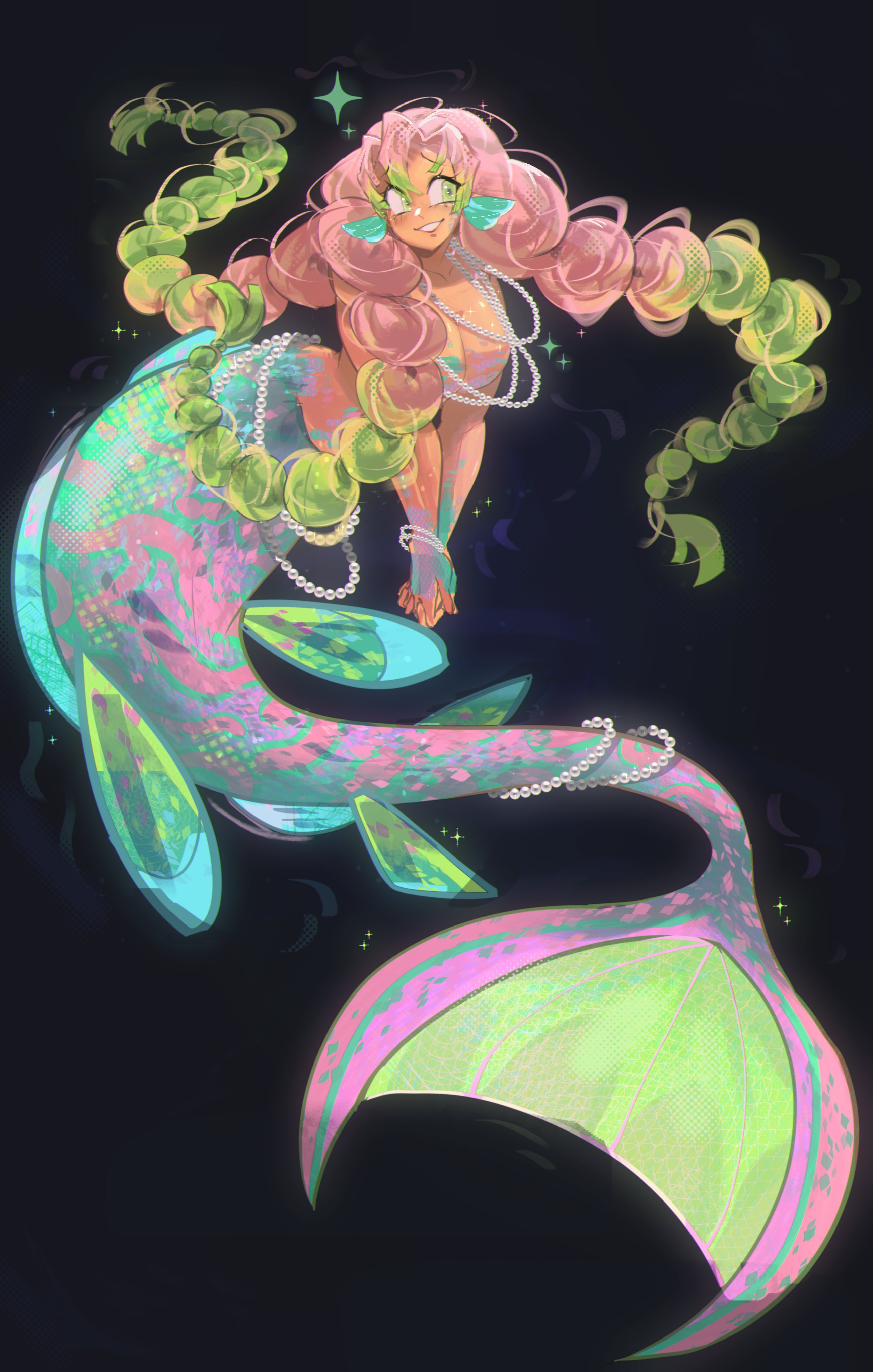 estrotengen, kanroji mitsuri, kimetsu no yaiba, absurdres, highres, 1girl, blue background, breasts, cleavage, fins, full body, gradient hair, green eyes, green hair, head fins, jewelry, large breasts, looking at viewer, mermaid, mole, mole under each eye, mole under eye, monster girl, multicolored hair, multiple moles, necklace, pearl necklace, pink hair, simple background, solo, sparkle, standing, topless female, tri braids, two-tone hair