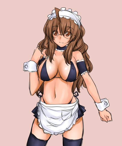 rokuichi, original, apron, arm garter, bikini, black bikini, brown hair, choker, glasses, maid, maid apron, solo, swimsuit, thighhighs, wrist cuffs