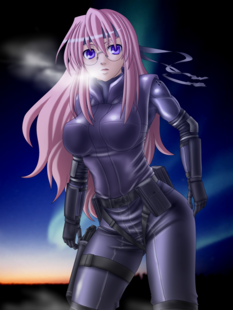 five-seven (0verlimits), solid snake, takara miyuki, lucky star, metal gear (series), metal gear solid, 1girl, bandana, bodysuit, breasts, breath, cosplay, female focus, glasses, gloves, large breasts, long hair, night, pink hair, purple eyes, solid snake (cosplay), solo