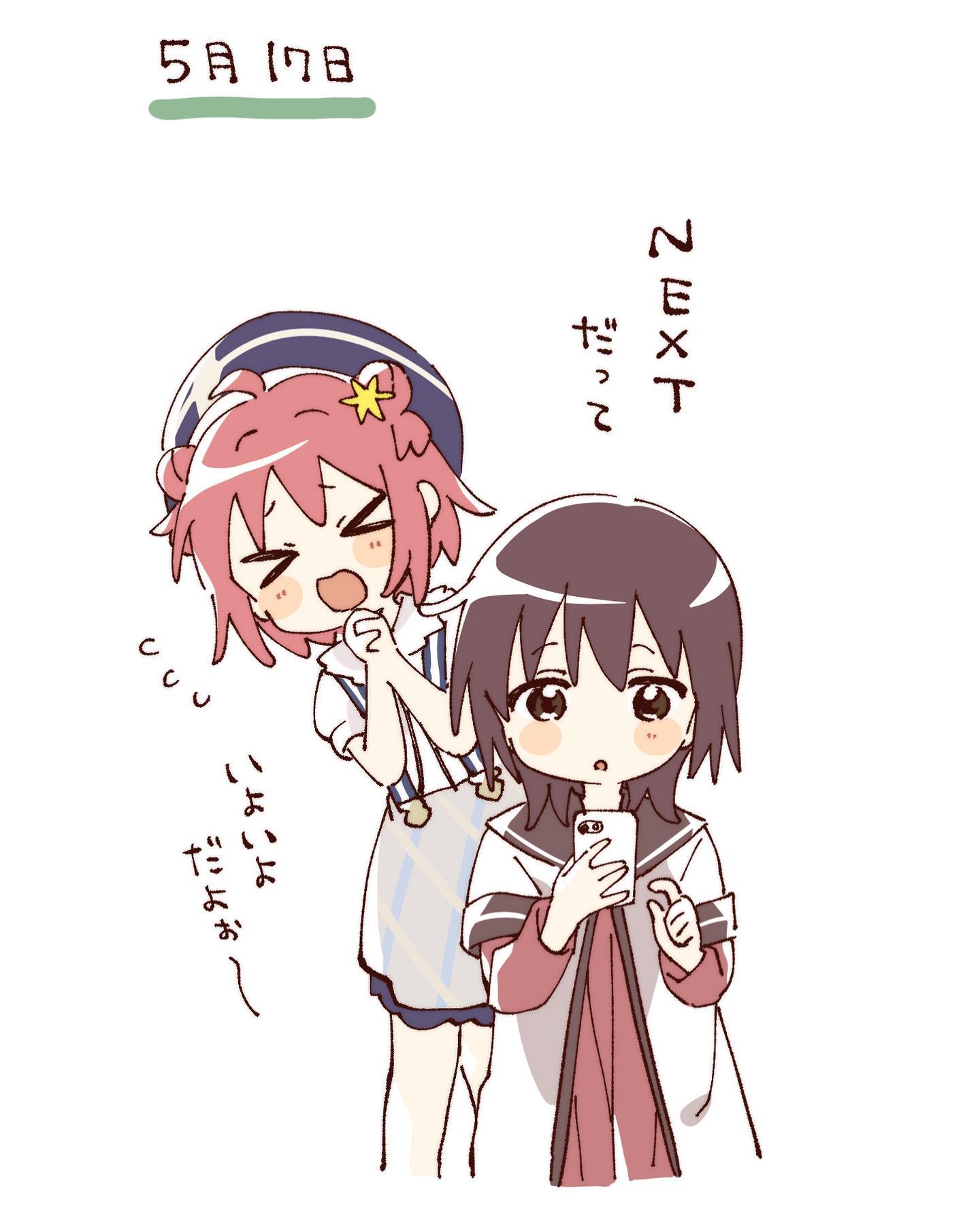 namori, akaza akari, funami yui, yuruyuri, hashtag-only commentary, highres, translation request, > <, 2girls, :o, ahoge, blue hat, blush stickers, brown hair, brown sailor collar, cellphone, closed eyes, cropped legs, cropped torso, double bun, dress, hair bun, hat, holding, holding phone, layered sleeves, long sleeves, multiple girls, nanamori school uniform, open mouth, own hands clasped, own hands together, phone, pleated dress, red dress, red hair, sailor collar, school uniform, shirt, short hair, short over long sleeves, short sleeves, simple background, smartphone, white background, white dress, white shirt, winter uniform