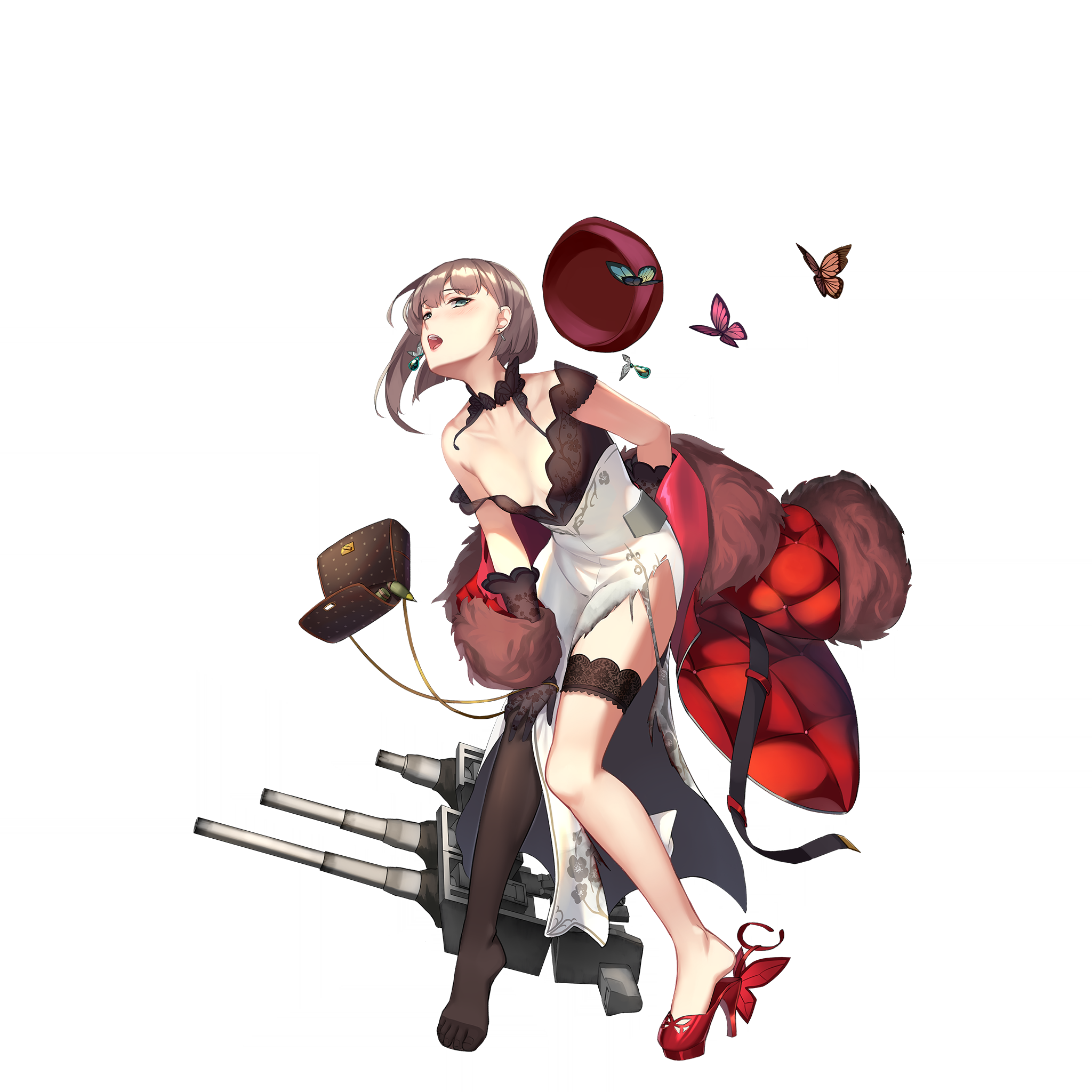 wisconsin (warship girls r), warship girls r, highres, official art, 1girl, arm behind back, artillery shell, asymmetrical legwear, bag, black gloves, black thighhighs, breasts, brown hair, bug, butterfly, coat, damaged, dress, elbow gloves, full body, garter straps, gloves, green eyes, hand on own knee, handbag, insect, knees together feet apart, looking at viewer, official alternate costume, open mouth, red coat, red shoes, ship turret, shoes, short hair, single thighhigh, small breasts, solo, thighhighs, torn clothes, torn dress, transparent background, uneven legwear, white dress