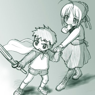 st parasu, artoria pendragon (fate), emiya shirou, saber (fate), fate/stay night, fate (series), lowres, 00s, 1boy, 1girl, aged down, ahoge, boots, braid, braided bun, cape, child, covered mouth, covering own mouth, green theme, hair bun, hand over own mouth, holding, holding sword, holding weapon, lace-up boots, monochrome, pantyhose, raglan sleeves, shinai, single hair bun, sketch, socks, standing, sword, v-shaped eyebrows, weapon