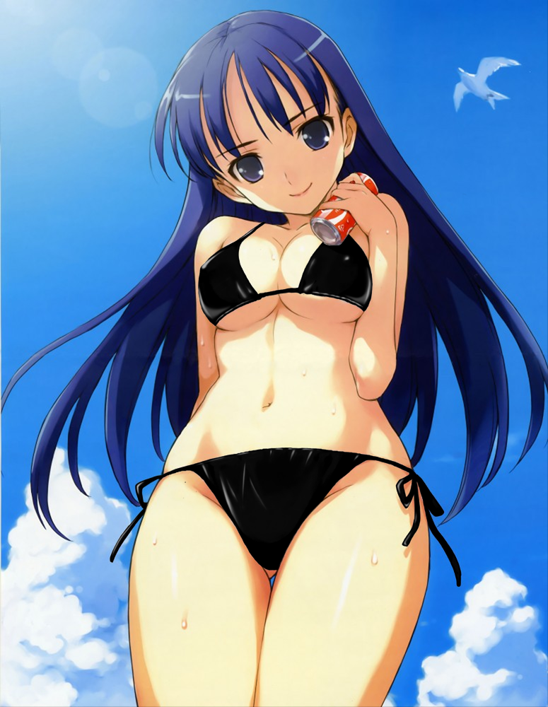 morisawa haruyuki, coca-cola, non-web source, third-party edit, 1girl, bikini, black bikini, black theme, blue eyes, blue hair, breasts, can, cleavage, day, drink can, female focus, lens flare, long hair, matching hair/eyes, medium breasts, side-tie bikini bottom, smile, soda can, solo, swimsuit, wet