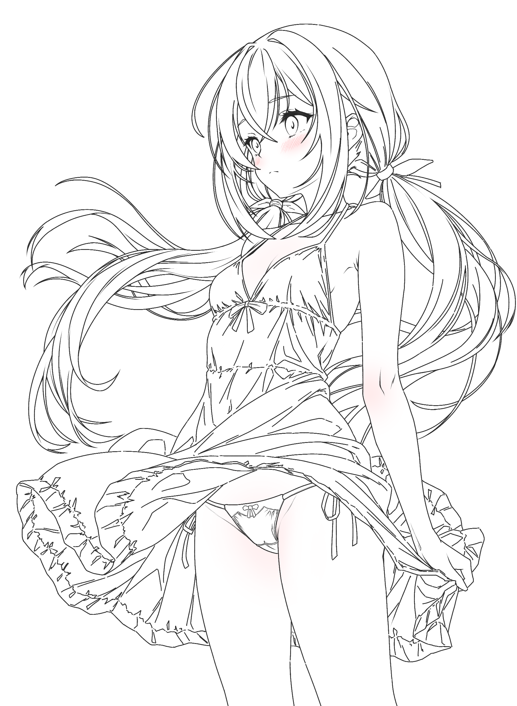 arazand, original, absurdres, highres, 1girl, armpits, blush, bow, bow panties, breasts, cameltoe, camisole, closed mouth, cowboy shot, crotch seam, from side, frown, lineart, long hair, looking ahead, monochrome, panties, pantyshot, side-tie panties, simple background, sketch, small breasts, solo, spot color, standing, twintails, underwear, underwear only, very long hair, white background, wind, wind lift