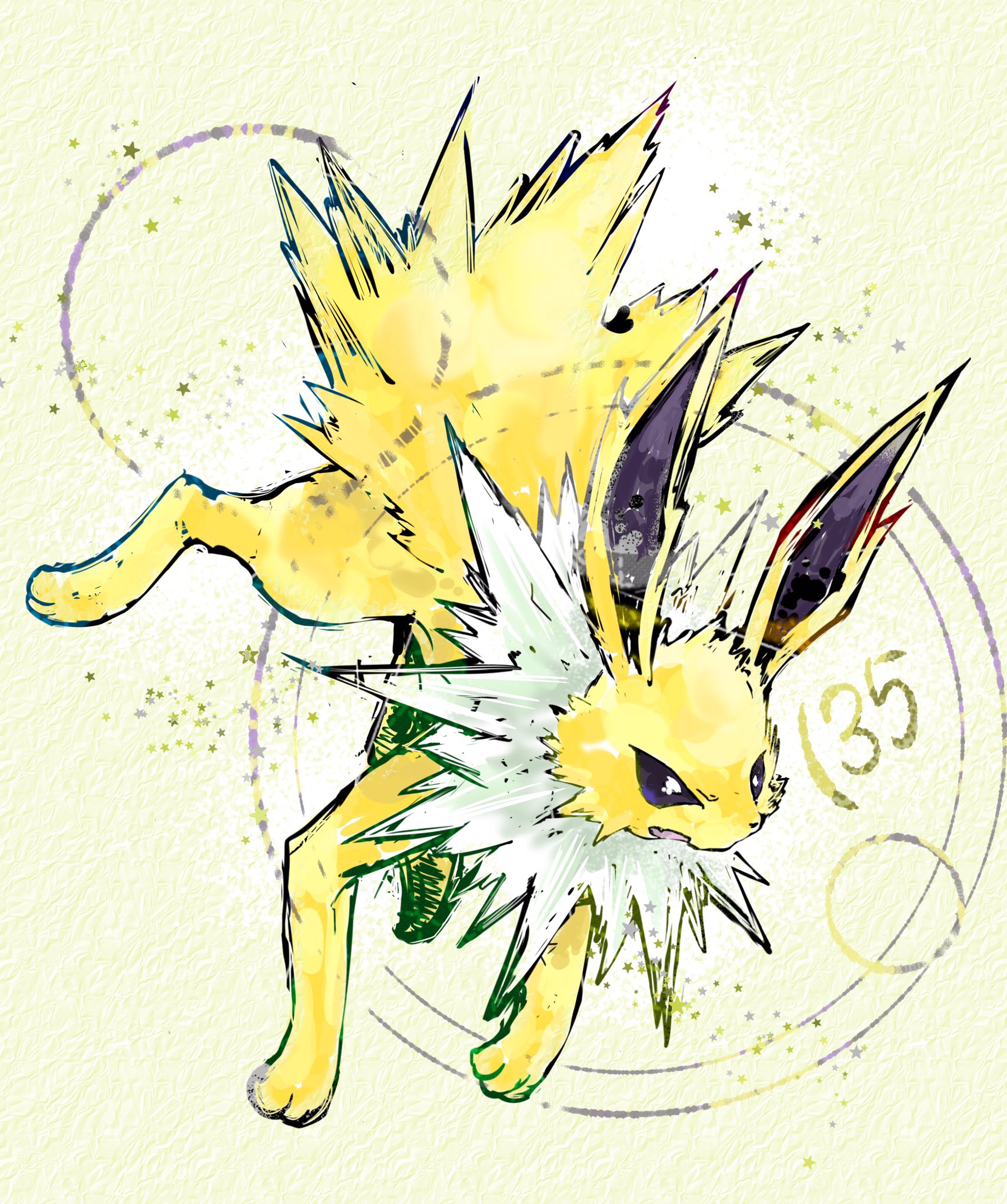 bwmtk1110, jolteon, nintendo, pokemon, highres, animal focus, blue eyes, full body, gen 1 pokemon, looking to the side, neck fur, no humans, open mouth, pokedex number, pokemon (creature), simple background, standing, white fur, yellow background, yellow fur