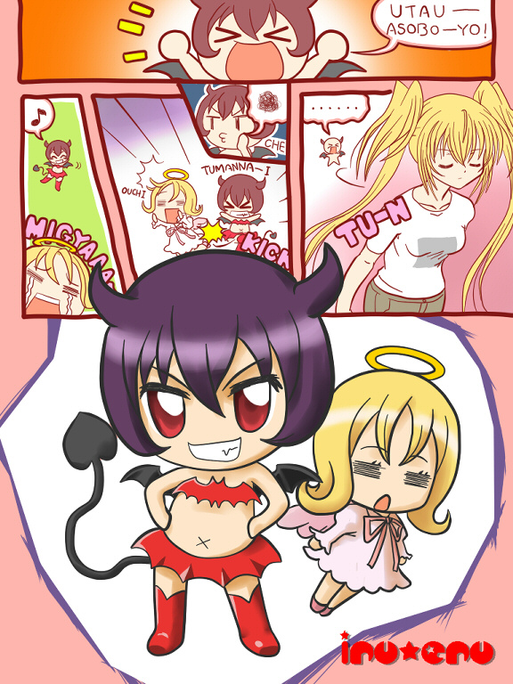 totoka, el (shugo chara!), hoshina utau, il (shugo chara!), shugo chara!, translated, > <, angel, angel and devil, closed eyes, comic, demon, demon girl, romaji text, thighhighs