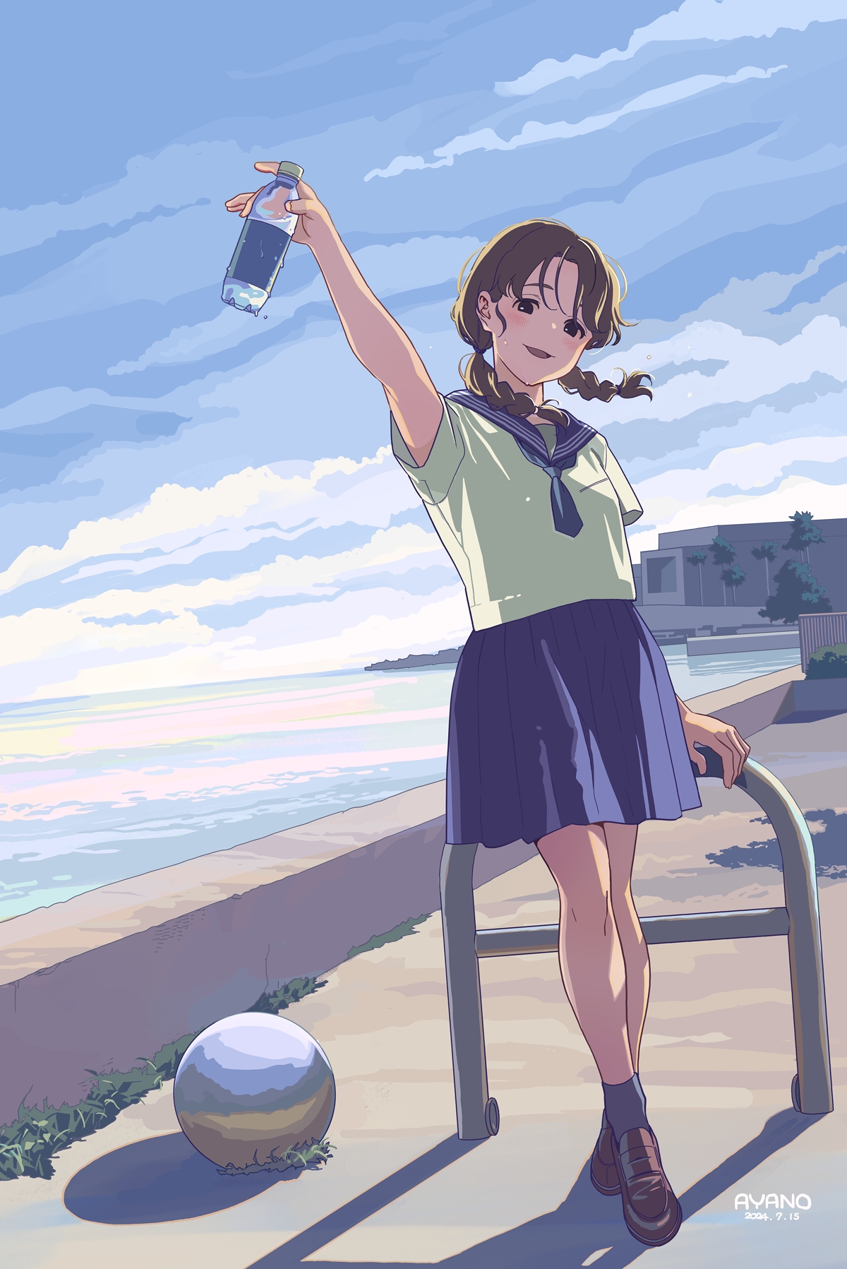 ayano10621435, original, highres, 1girl, arm up, black eyes, blue neckerchief, blue sailor collar, blue skirt, blue socks, blush, bottle, braid, brown shoes, cloud, cloudy sky, day, grass, holding, holding bottle, horizon, loafers, neckerchief, ocean, open mouth, outdoors, palm tree, plastic bottle, sailor collar, school uniform, serafuku, shoes, short sleeves, skirt, sky, smile, socks, solo, sweat, tree, twin braids, water bottle