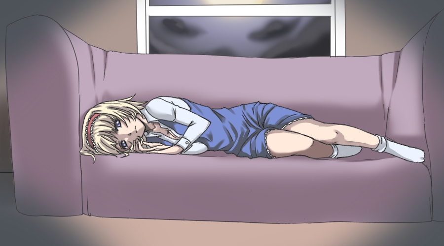 haruichi (komikal), alice margatroid, touhou, 1girl, blonde hair, blue eyes, couch, female focus, frown, legs, lying, on side, open clothes, open shirt, shirt, short hair, socks, solo