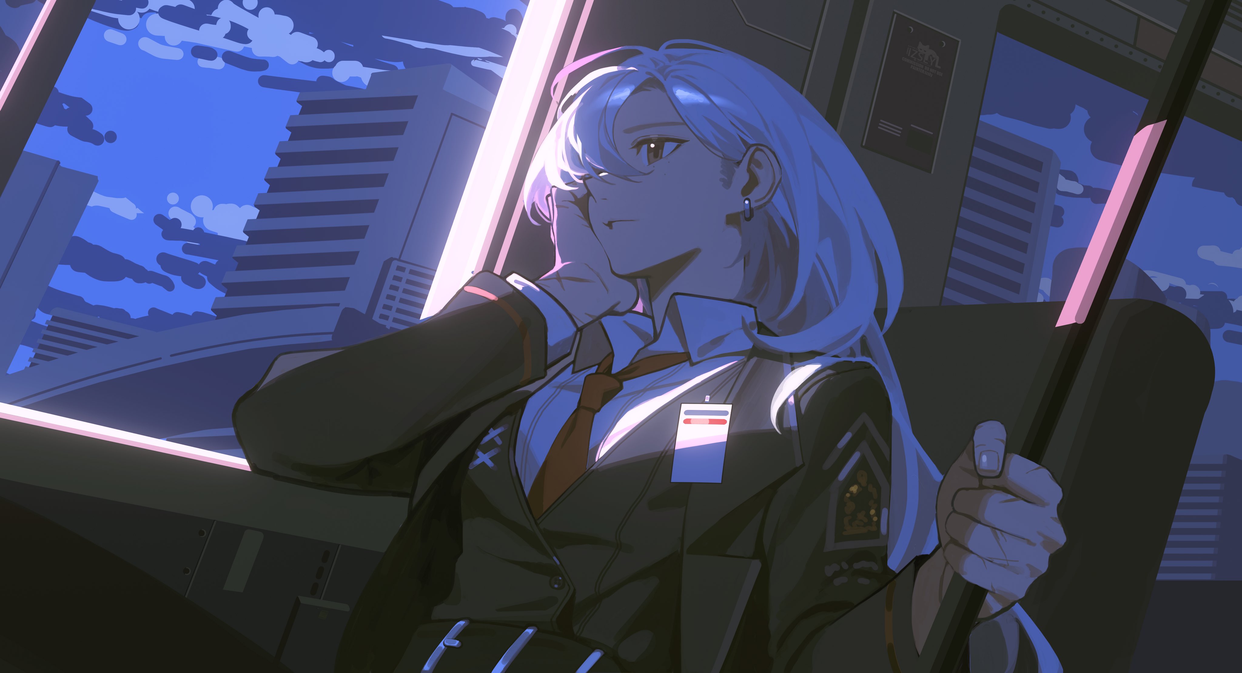 izsly, original, absurdres, highres, 1girl, belt, black jacket, brown eyes, brown necktie, building, buttons, city, closed mouth, collared shirt, earrings, formal clothes, hair over one eye, head rest, id card, jacket, jewelry, lapels, long hair, necktie, notched lapels, purple hair, scar, scar on hand, shirt, solo, suit, train interior, wing collar