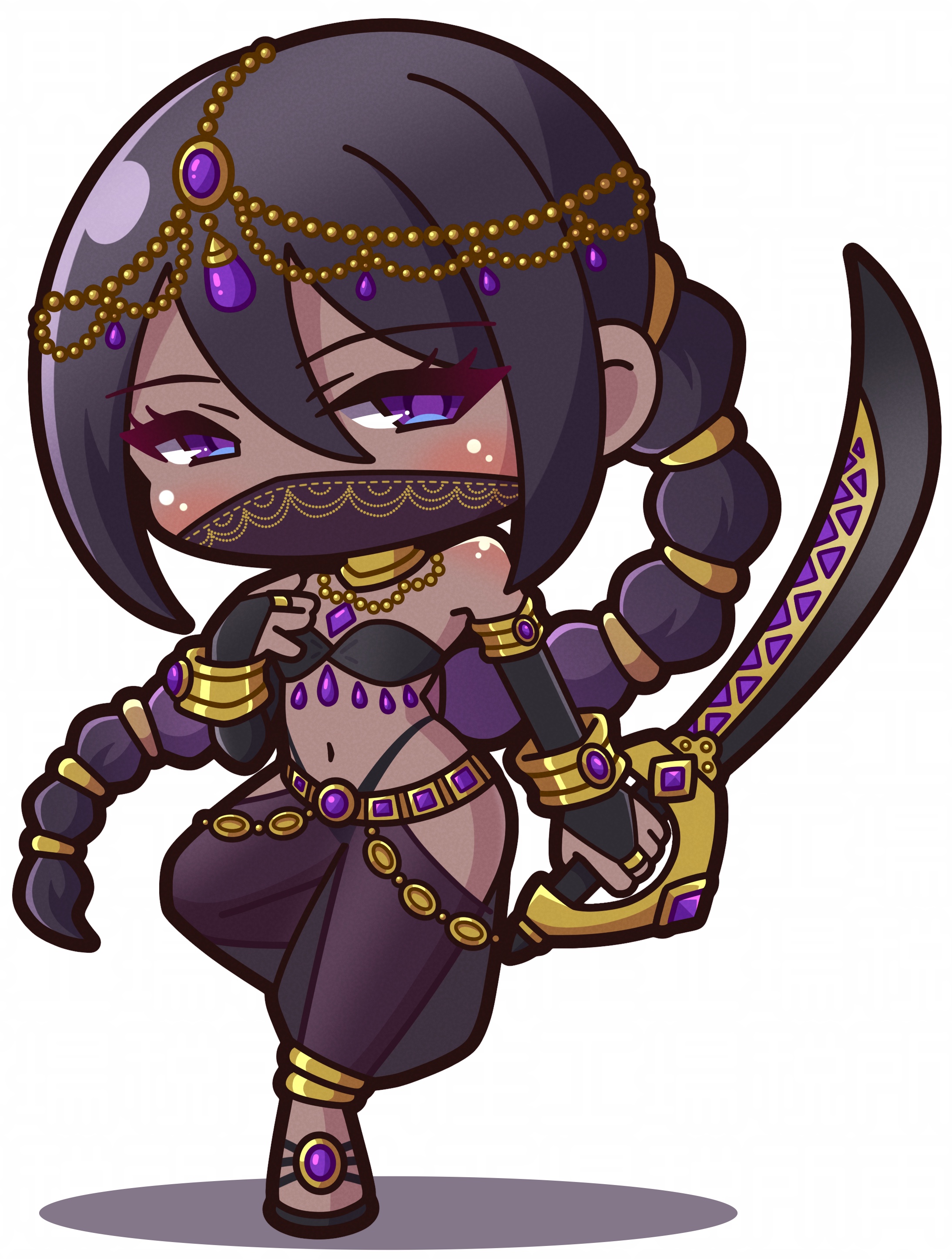 saishosaisekojo, original, absurdres, commentary request, highres, 1girl, bare shoulders, black hair, braid, bridal gauntlets, chibi, dancer, full body, hair between eyes, holding, holding sword, holding weapon, long hair, mask, mouth mask, navel, purple eyes, scimitar, scorpio (zodiac), shadow, simple background, solo, standing, standing on one leg, sword, twin braids, very long hair, weapon, white background, zodiac