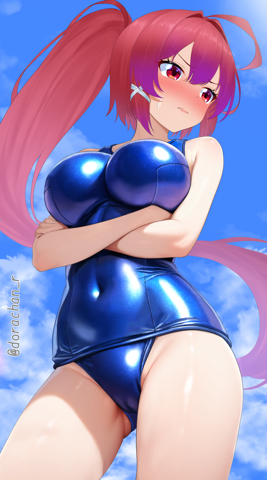 dorachan r, i-168 (kancolle), kantai collection, commentary request, highres, 1girl, ahoge, blue one-piece swimsuit, blush, breasts, cameltoe, covered navel, cowboy shot, crossed arms, from below, hair ribbon, impossible clothes, impossible swimsuit, large breasts, long hair, looking to the side, nose blush, old school swimsuit, one-piece swimsuit, ponytail, red eyes, red hair, ribbon, school swimsuit, shiny swimsuit, solo, swimsuit, twitter username