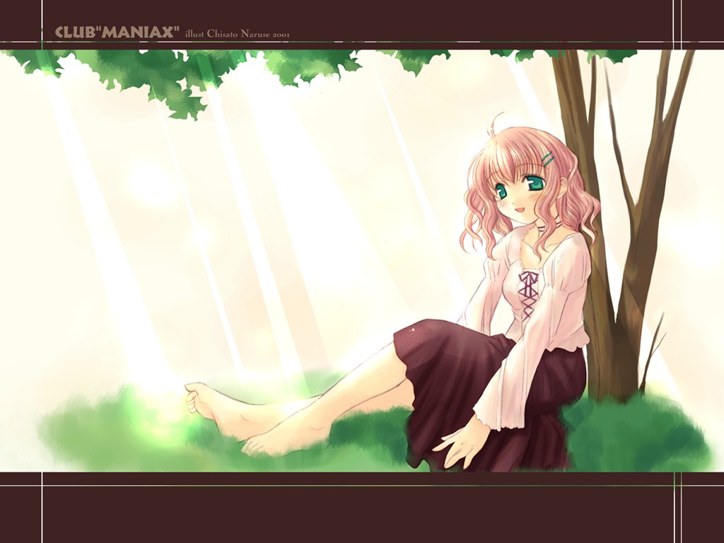 naruse chisato, non-web source, 1girl, against tree, barefoot, brown hair, feet, female focus, green eyes, shade, short hair, sitting, solo, tree