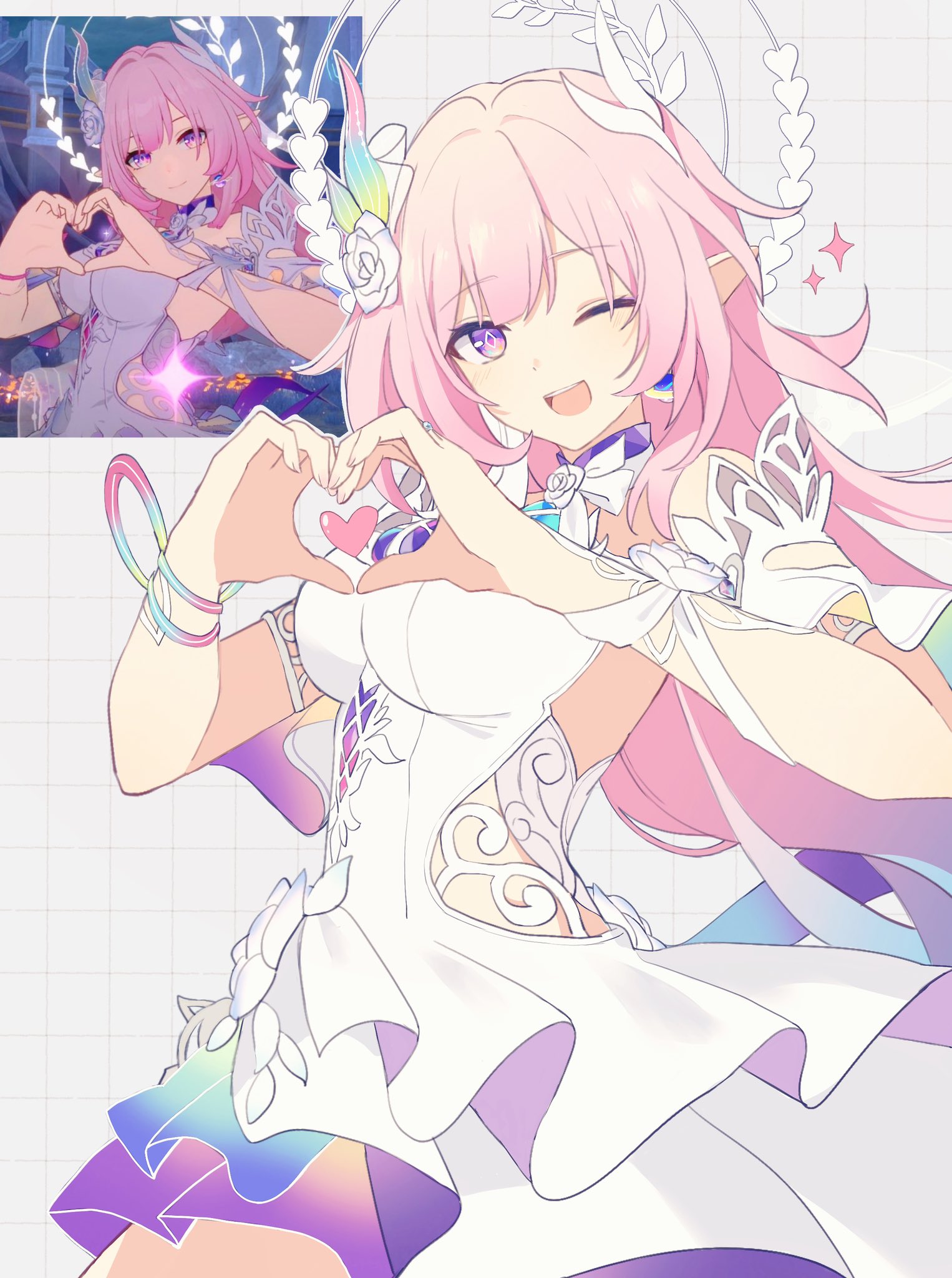 cyrene (honkai: star rail), cyrene (ripples of past reverie) (honkai: star rail), honkai: star rail, honkai (series), hashtag-only commentary, highres, 1girl, ;o, breasts, clothing cutout, diamond-shaped pupils, diamond (shape), dress, earrings, flower, game screenshot inset, grid background, hair flower, hair ornament, halo, heart, heart hands, jewelry, ki ii37, large breasts, long hair, looking at viewer, one eye closed, pink hair, pointy ears, purple eyes, reference inset, side cutout, smile, solo, symbol-shaped pupils, very long hair, white dress