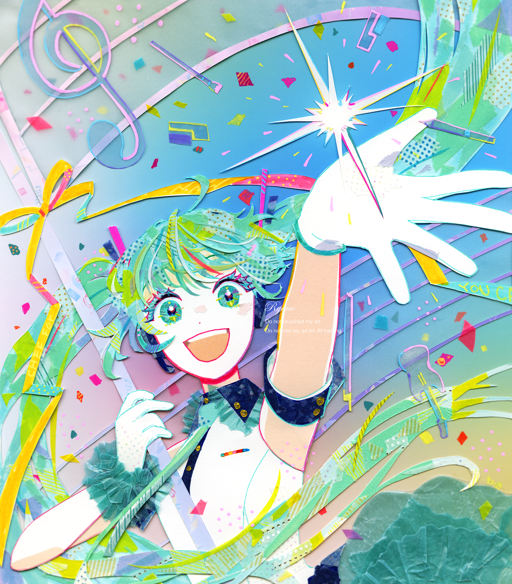 ryono, hatsune miku, vocaloid, absurdres, commentary, commentary request, english commentary, highres, masking tape (medium), mixed-language commentary, mixed media, traditional media, unconventional media, 1girl, :d, ahoge, aqua eyes, aqua hair, aqua necktie, arm strap, arm up, art brush, artist name, cheering, collared shirt, colored eyelashes, dot nose, floating hair, gloves, gradient background, guitar, hand up, holding, holding pole, instrument, long hair, multicolored eyes, multicolored hair, musical staff, necktie, open mouth, paintbrush, pole, reaching, reaching towards viewer, ribbon, scrunchie, shirt, sleeveless, sleeveless shirt, smile, solo, sparkle, standard bearer, stylus, teeth, treble clef, twintails, upper body, upper teeth only, watermark, white gloves, white shirt, wispy bangs, wrist scrunchie, yellow ribbon