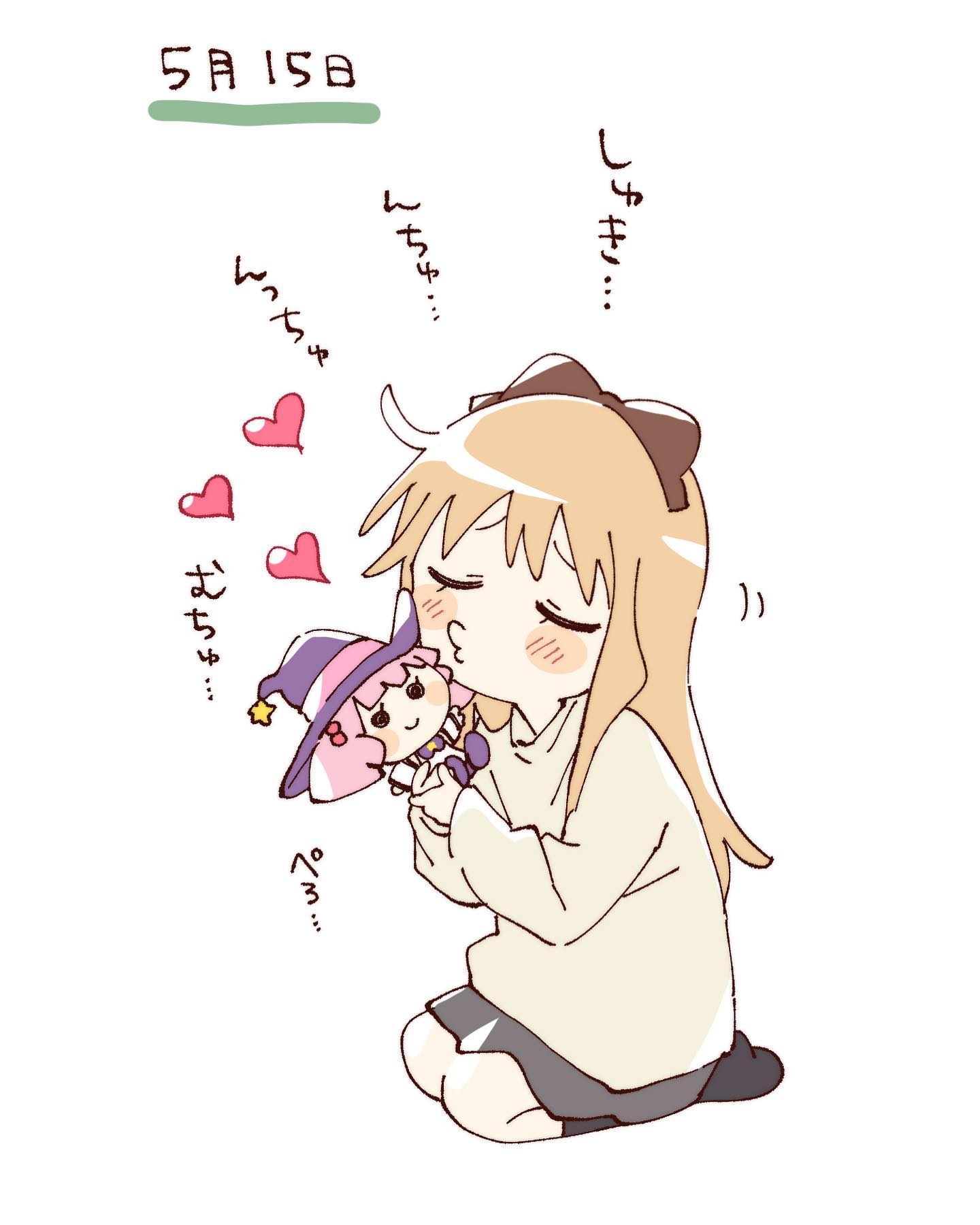 namori, mirakurun, toshinou kyouko, yuruyuri, hashtag-only commentary, highres, translation request, 1girl, black skirt, black socks, blonde hair, blush stickers, bow, brown bow, closed eyes, closed mouth, doll, full body, grey shirt, hair bow, heart, holding, holding doll, kiss, long hair, long sleeves, pleated skirt, puckered lips, seiza, shirt, simple background, sitting, skirt, socks, solo, white background