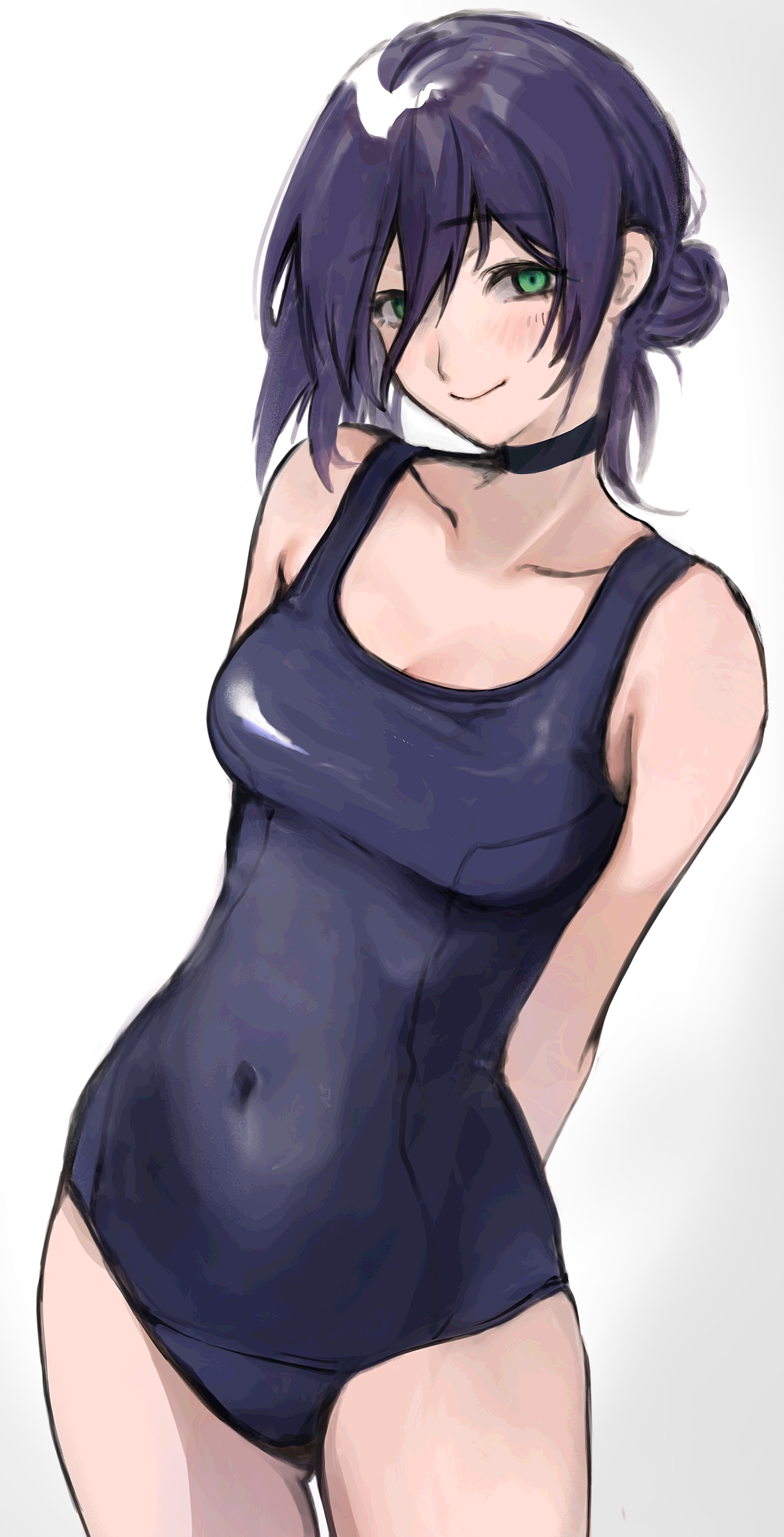 eee mii, reze (chainsaw man), chainsaw man, absurdres, commentary request, highres, 1girl, arms behind back, black choker, blue one-piece swimsuit, breasts, choker, cleavage, closed mouth, collarbone, covered navel, cowboy shot, gradient background, green eyes, grey background, hair between eyes, hair bun, long hair between eyes, looking at viewer, medium breasts, old school swimsuit, one-piece swimsuit, purple hair, school swimsuit, short hair, solo, swimsuit
