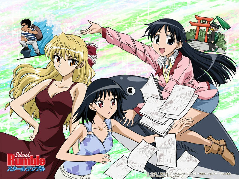 harima kenji, karasuma ooji, sawachika eri, tsukamoto tenma, tsukamoto yakumo, school rumble, jpeg artifacts, 00s, 2boys, 3girls, between legs, black hair, blonde hair, blue skirt, breasts, cleavage, collarbone, failure, long sleeves, looking at viewer, multiple boys, multiple girls, outstretched arms, paper, red eyes, short hair, siblings, sisters, skirt, small breasts, straddling, sunglasses
