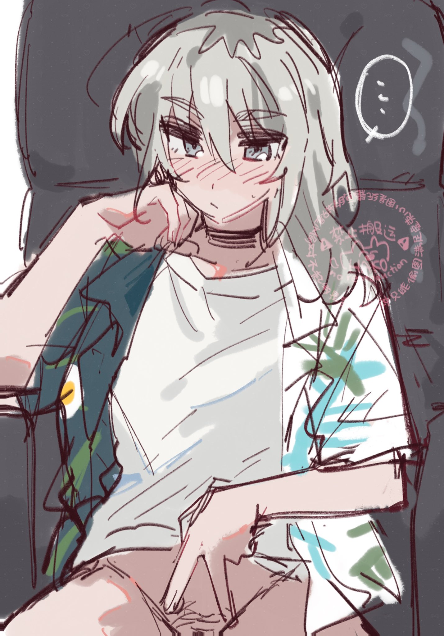 pingke box, kawaragi momoka, girls band cry, commentary request, highres, 1girl, blush, bottomless, closed mouth, female pubic hair, grey eyes, grey hair, hair between eyes, long hair, looking at viewer, multicolored hair, pubic hair, roots (hair), shirt, solo, v, white shirt