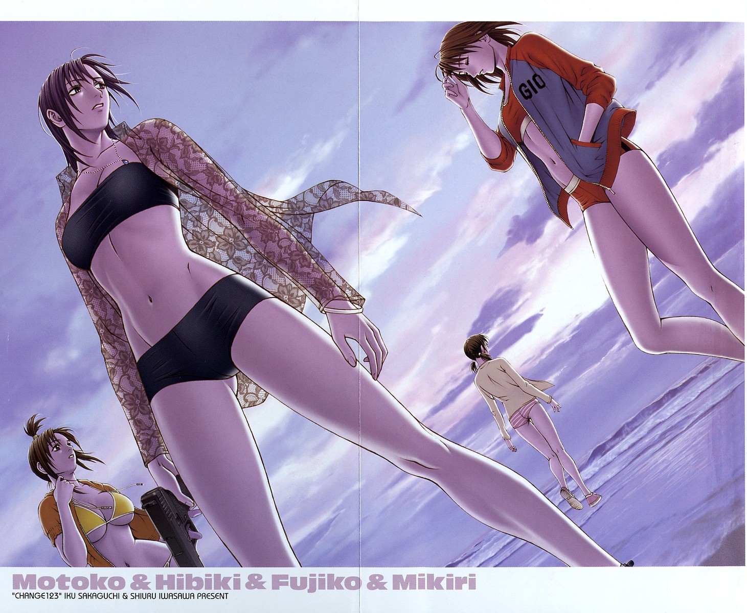 iwasawa shiuri, sakaguchi iku, fujiko (change123), gettou motoko, hibiki (change123), mikiri (change123), change123, highres, scan, 4girls, bandeau, beach, bikini, breasts, brown hair, closed eyes, cloud, comic, day, flat chest, glock, gun, handgun, jacket, jewelry, large breasts, multiple girls, navel, necklace, open clothes, open shirt, outdoors, pistol, ponytail, shirt, short twintails, sky, sports bikini, strapless, striped bikini, striped clothes, swimsuit, time paradox, tube top, twintails, underboob, weapon