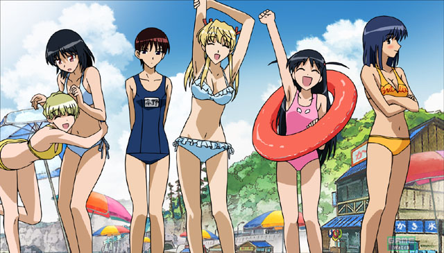 sarah adiemus, sawachika eri, suou mikoto (school rumble), takano akira, tsukamoto tenma, tsukamoto yakumo, school rumble, 00s, 6+girls, beach, bikini, black hair, blue bikini, blue hair, breasts, brown hair, cloud, crossed arms, day, frilled bikini, frills, happy, innertube, long hair, medium breasts, mountain, multiple girls, one-piece swimsuit, outdoors, pink one-piece swimsuit, school swimsuit, short hair, side-tie bikini bottom, sky, small breasts, smile, stretching, swim ring, swimsuit, twintails, two side up, umbrella, yellow bikini