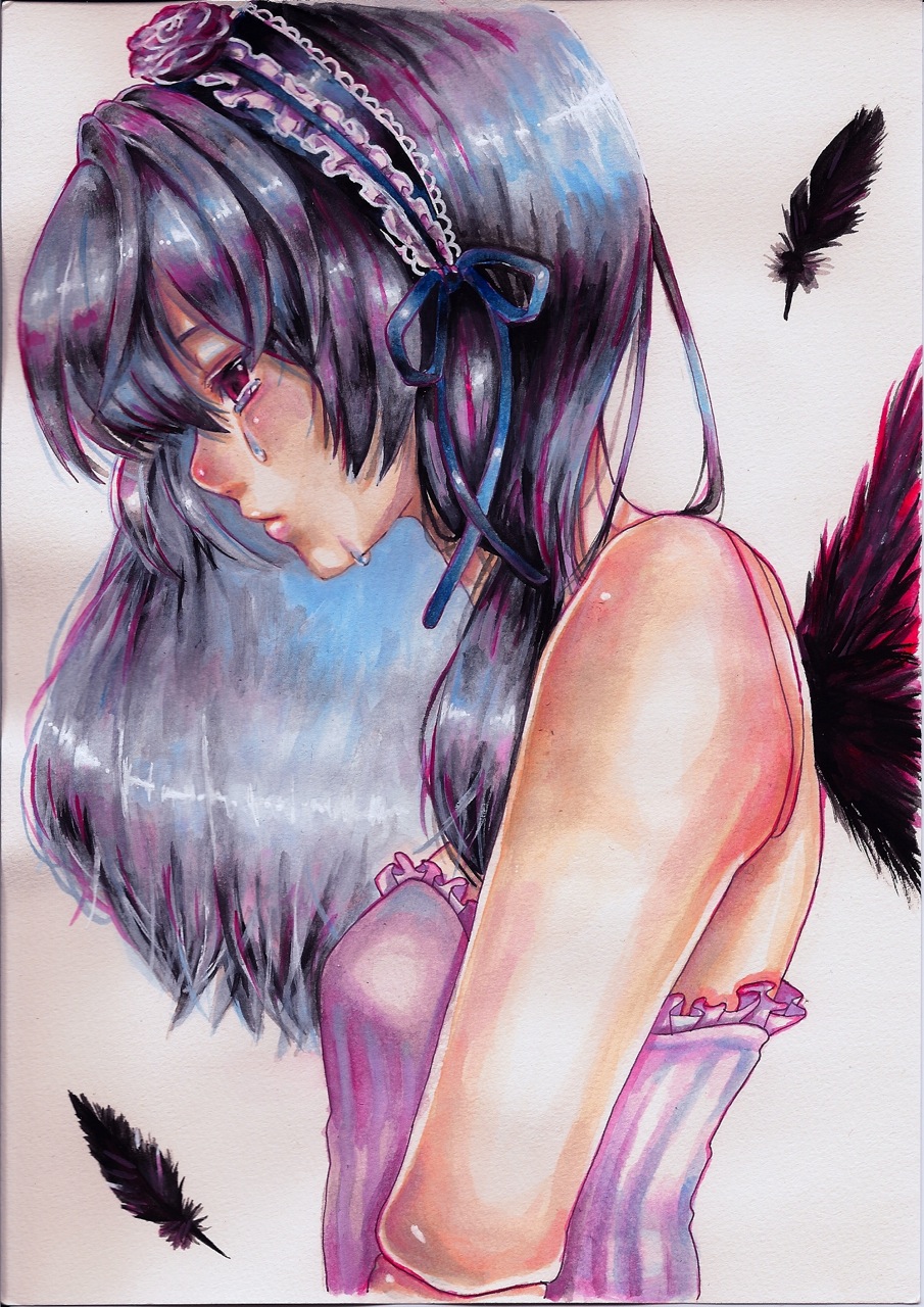 sorax2112, suigintou, rozen maiden, silver hair, bad id, bad pixiv id, highres, painting (medium), traditional media, 00s, 1girl, breasts, camisole, doll joints, feathers, female focus, hairband, joints, long hair, purple eyes, small breasts, solo, tears, wings
