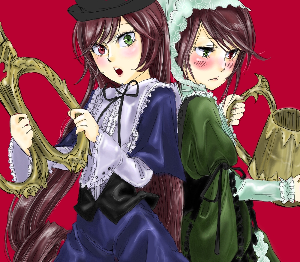 boku, jinnikureiche, souseiseki, suiseiseki, rozen maiden, bad id, bad pixiv id, 2girls, blush, brown hair, cosplay, costume switch, dress, frills, headscarf, heterochromia, long hair, multiple girls, scissors, short hair, siblings, sisters, twins, very long hair, watering can, white headscarf