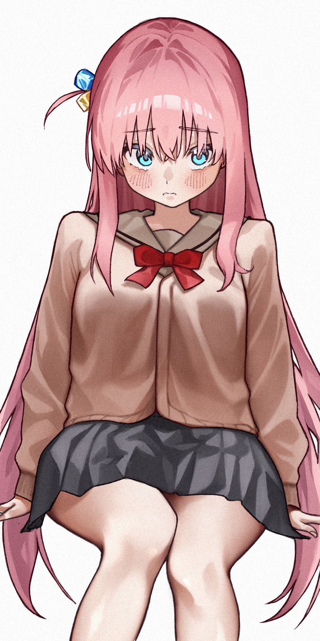 taroekaki, gotoh hitori, kita ikuyo, bocchi the rock!, commentary, highres, 1girl, 3:, arms at sides, black skirt, blue eyes, blush, bow, bowtie, brown cardigan, cardigan, closed mouth, cosplay, crossed bangs, cube hair ornament, feet out of frame, film grain, frown, grey sailor collar, hair between eyes, hair ornament, kita ikuyo (cosplay), long hair, looking at viewer, miniskirt, one side up, pink hair, pleated skirt, red bow, red bowtie, sailor collar, school uniform, serafuku, sidelocks, simple background, sitting, skirt, sleeves past wrists, solo, split mouth, straight hair, very long hair, white background