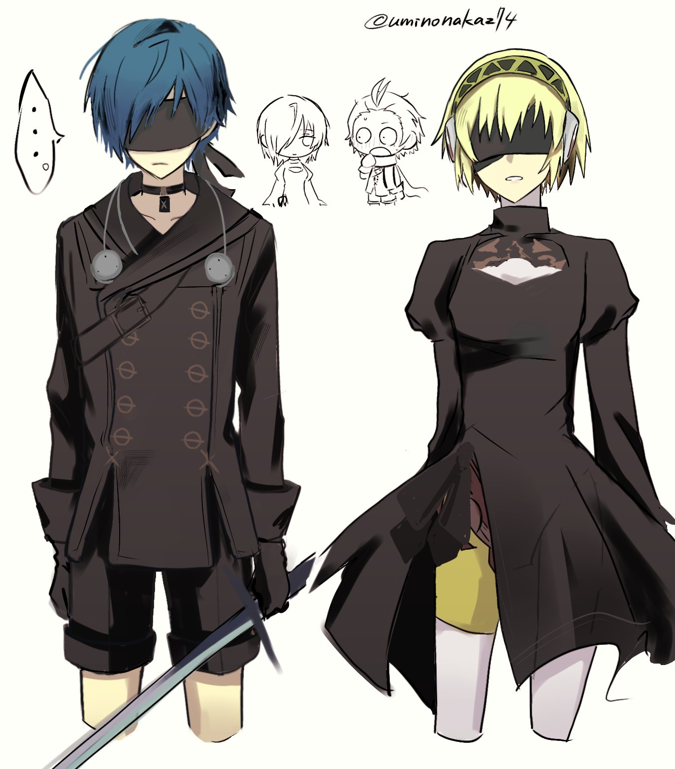 2b (nier:automata), 9s (nier:automata), aigis (persona), mochizuki ryouji, yuuki makoto (persona 3), nier:automata, nier (series), persona, persona 3, highres, …, 1girl, 2b (nier:automata) (cosplay), 2boys, 9s (nier:automata) (cosplay), android, arms at sides, black choker, black dress, black gloves, black jacket, black shorts, blindfold, blonde hair, blue hair, blush, chibi, chibi inset, choker, cleavage cutout, closed mouth, clothing cutout, cosplay, covered eyes, cropped legs, digital media player, digital walkman, dress, frown, gloves, gold hairband, hair over one eye, hairband, holding, holding sword, holding weapon, jacket, juliet sleeves, long sleeves, looking at another, mechanical legs, multiple boys, open mouth, parted bangs, parted lips, puffy sleeves, robot ears, short hair, shorts, side slit, simple background, speech bubble, spoken ellipsis, straight-on, sword, twitter username, uminonaka274, walkman nw-s203f, weapon, white background