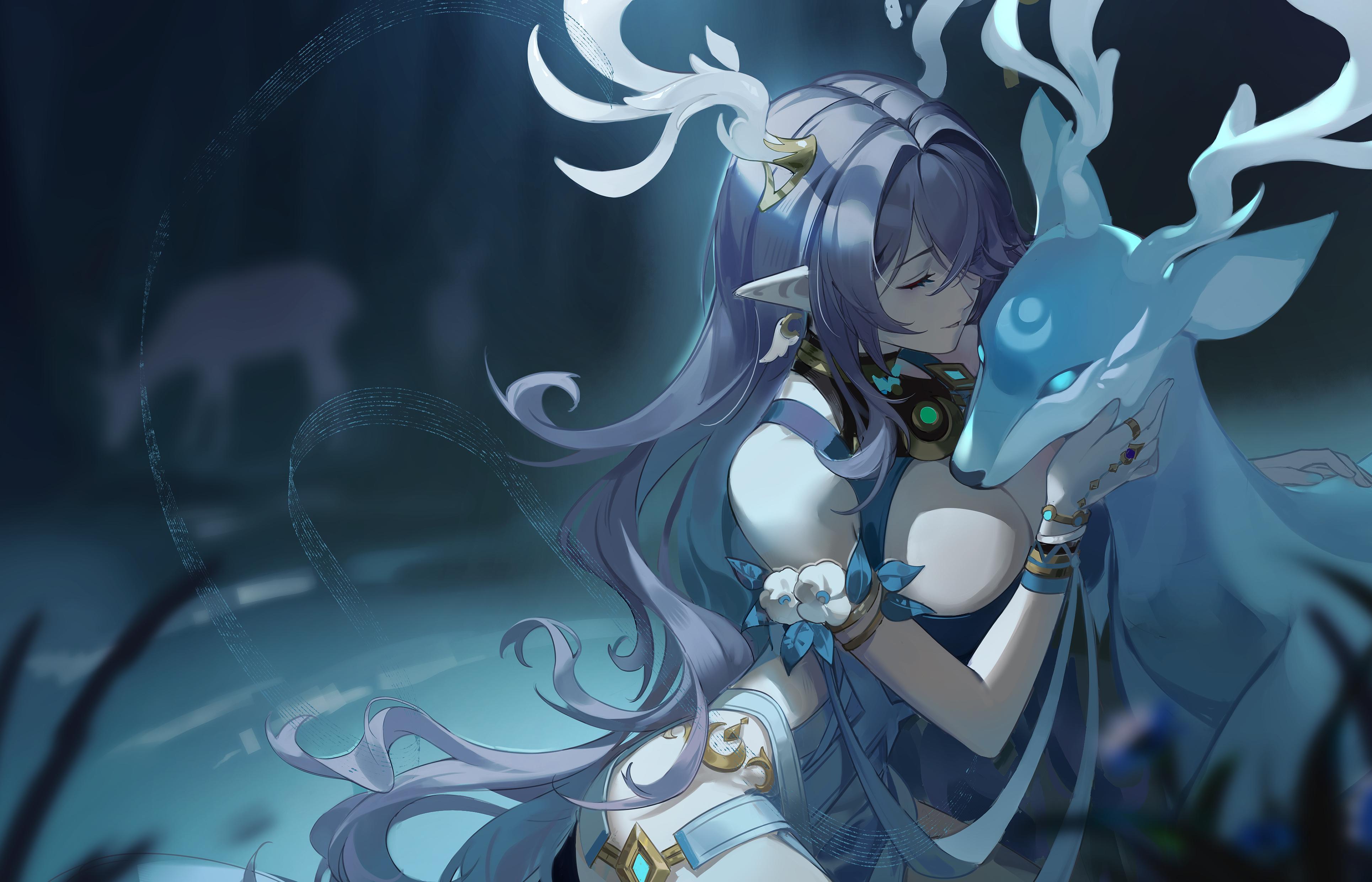 woodylixx, lauma (genshin impact), genshin impact, absurdres, commentary request, highres, 1girl, animal, antlers, bare shoulders, blue dress, blurry, blurry background, blurry foreground, breasts, closed eyes, deer, deer antlers, depth of field, dress, eyes visible through hair, hair over one eye, horns, large breasts, long hair, night, outdoors, parted lips, pointy ears, purple hair, sidelocks, solo, very long hair