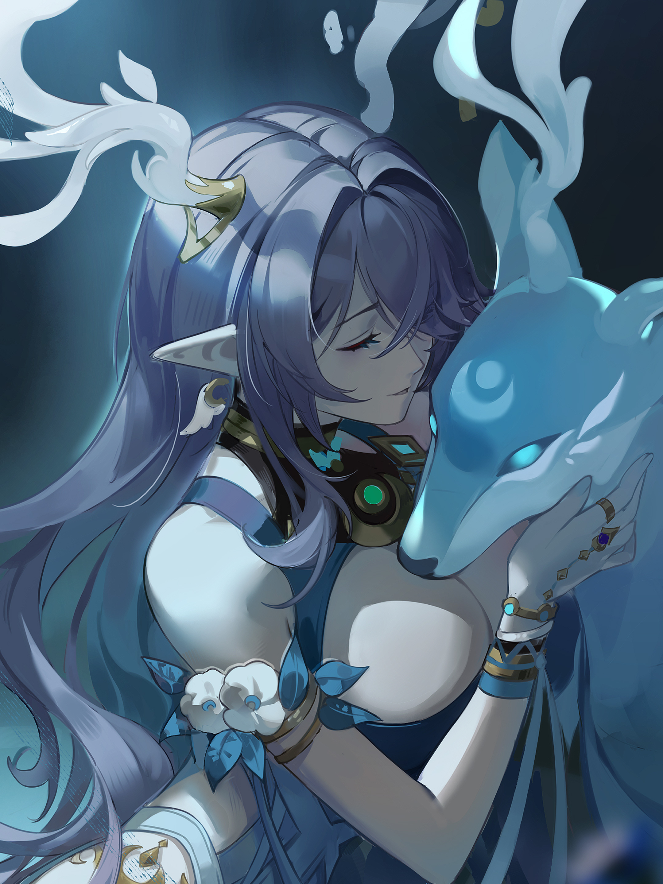 woodylixx, lauma (genshin impact), genshin impact, absurdres, commentary request, highres, 1girl, animal, antlers, bare shoulders, blue dress, blurry, blurry background, breasts, closed eyes, deer, deer antlers, dress, eyes visible through hair, hair over one eye, horns, large breasts, long hair, night, outdoors, parted lips, pointy ears, purple hair, sidelocks, solo, upper body, very long hair
