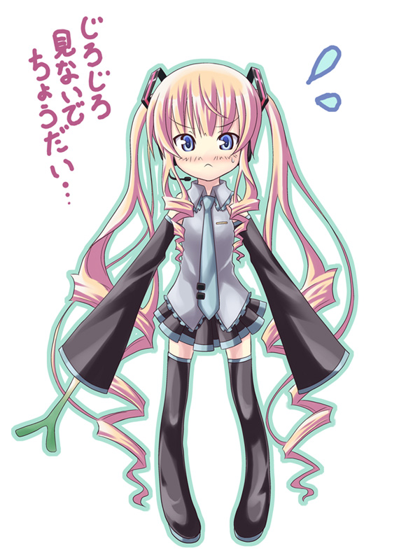 dekosuke, hatsune miku, shinku, rozen maiden, vocaloid, blonde hair, boots, cosplay, detached sleeves, drill hair, hatsune miku (cosplay), headphones, long hair, microphone, necktie, solo, spring onion, thigh boots, thighhighs, twintails, very long hair, zettai ryouiki