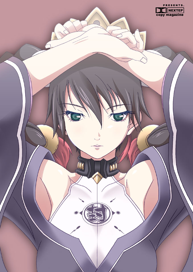 apr, misha arsellec lune, ar tonelico, ar tonelico i, gust, 00s, 1girl, armpits, arms up, close-up, collar, female focus, green eyes, grey hair, hair ornament, halterneck, solo