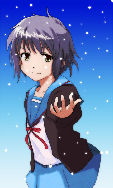 futami shinen, nagato yuki, suzumiya haruhi no yuuutsu, 00s, cardigan, happy, purple hair, school uniform, serafuku, short hair, smile, snow, solo, yellow eyes