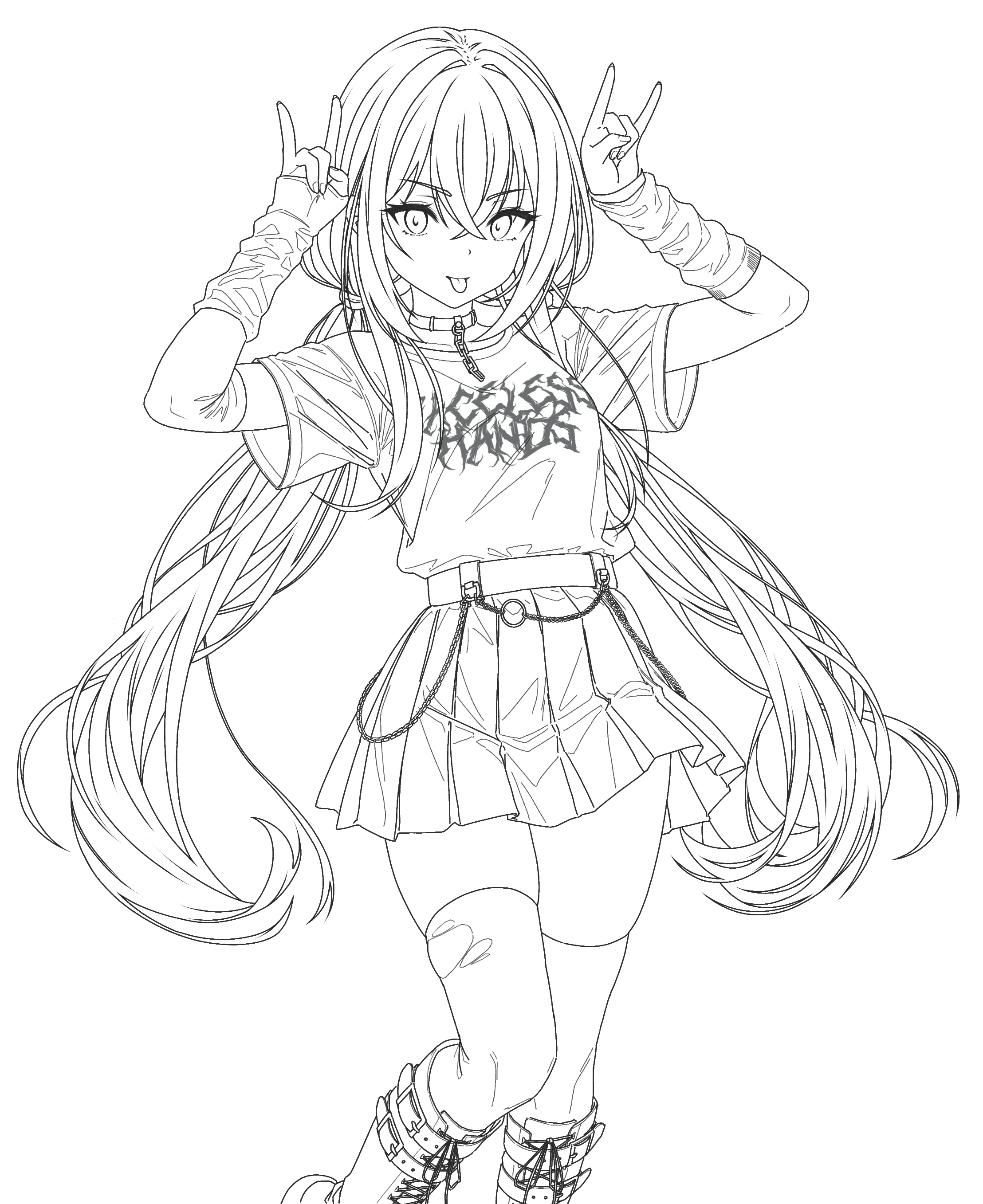 arazand, original, absurdres, highres, 1girl, belt, boots, breasts, choker, dot nose, double v, feet out of frame, jirai kei, lineart, long hair, looking at viewer, low twintails, medium breasts, monochrome, pleated skirt, sidelocks, simple background, skirt, solo, spot color, thighhighs, tongue, tongue out, torn clothes, torn thighhighs, twintails, v, wallet chain, white background, wide sleeves