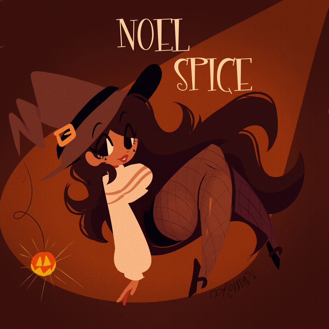 buneary23, highres, 1girl, black hair, black shoes, character name, eyelashes, full body, hat, long hair, looking at viewer, noel spice (buneary23), open mouth, pantyhose, red lips, shoes, solo, teeth, very long hair, witch, witch hat