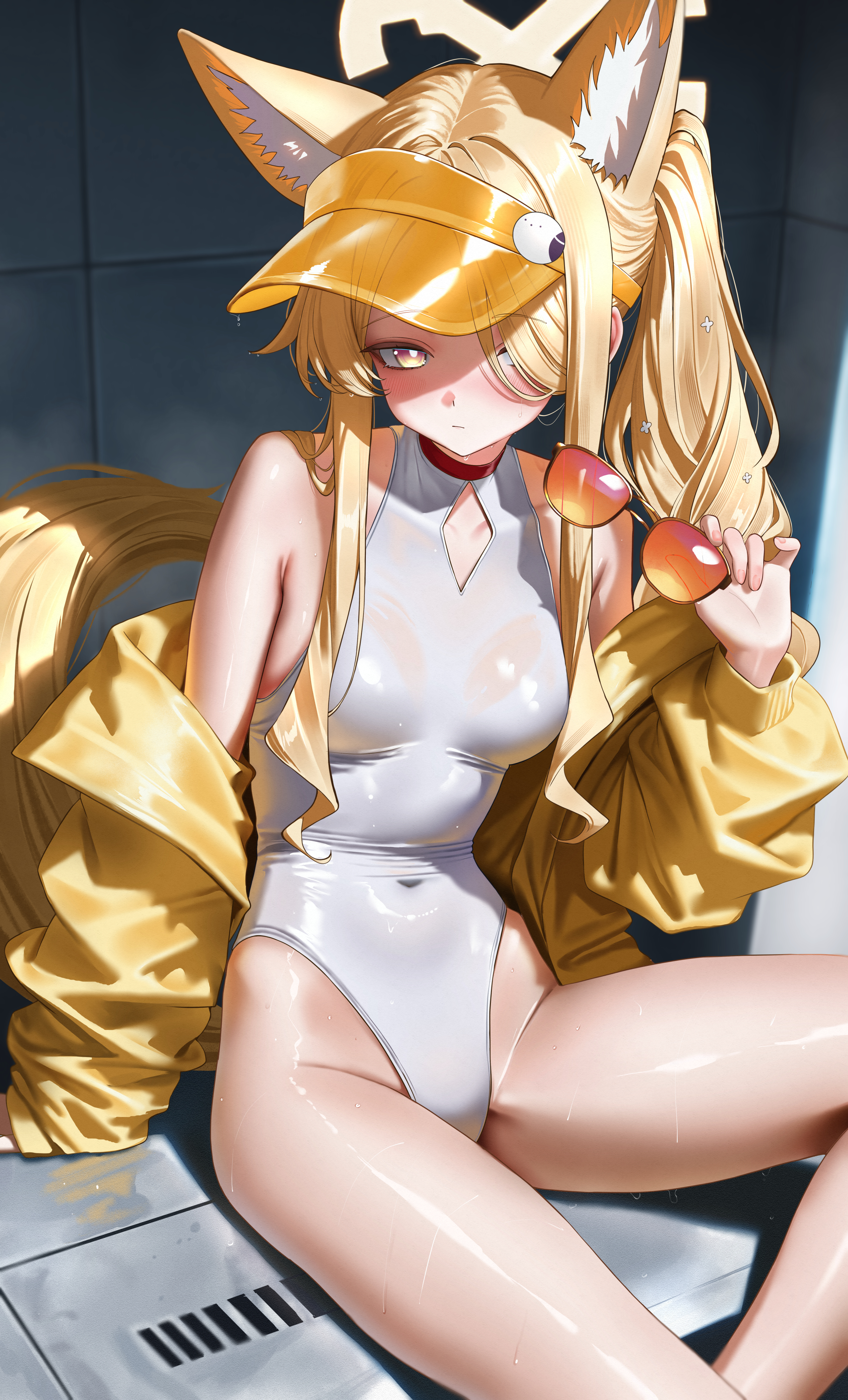 hirahiragi (h1rqg1), seia (blue archive), seia (swimsuit) (blue archive), blue archive, absurdres, commentary, highres, 1girl, above-cleavage cutout, alternate breast size (larger), animal ear fluff, animal ears, blonde hair, blush, breasts, bright pupils, closed mouth, clothing cutout, covered navel, diamond cutout, extra ears, fox ears, fox girl, fox tail, gradient eyes, halo, highleg, highleg one-piece swimsuit, holding, holding removed eyewear, jacket, long hair, looking at viewer, medium breasts, multicolored eyes, official alternate costume, official alternate hairstyle, one-piece swimsuit, open clothes, open jacket, orange-tinted eyewear, shiny skin, side ponytail, sitting, solo, swimsuit, tail, thighs, tinted eyewear, unworn eyewear, visor cap, white one-piece swimsuit, white pupils, yellow halo, yellow jacket, yellow visor