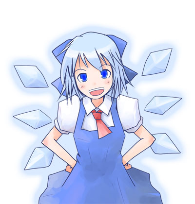 kanoe soushi, cirno, touhou, lowres, 1girl, blue dress, blue eyes, blue hair, cowboy shot, dress, female focus, hands on own hips, ice, ice wings, looking at viewer, matching hair/eyes, necktie, puffy short sleeves, puffy sleeves, red necktie, short sleeves, simple background, solo, square-end necktie, white background, wings