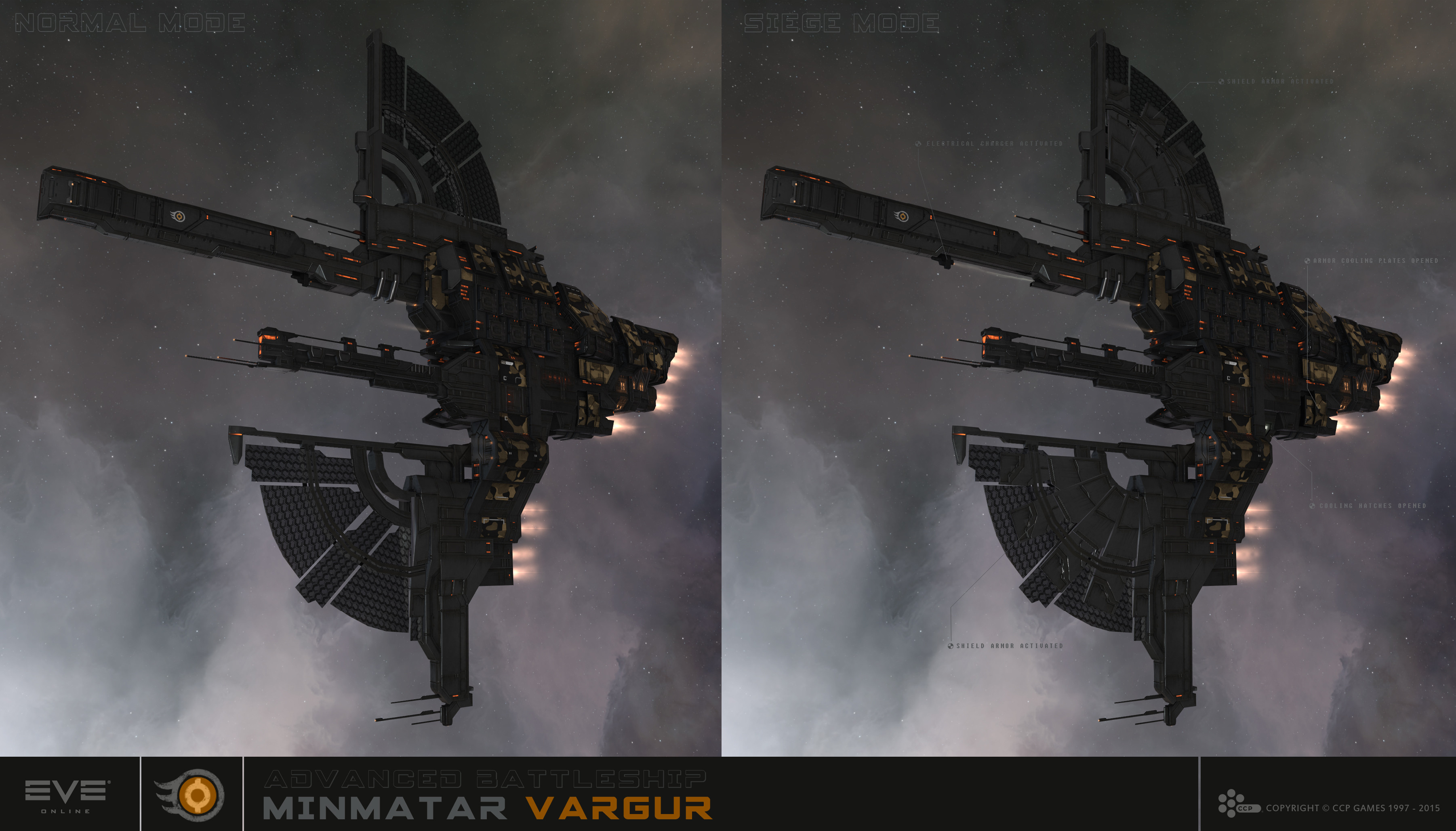 eve online, absurdres, commentary, english commentary, highres, maya (medium), official art, 3d, advanced ship (eve online), battleship (eve online), boundless creation (eve online), camouflage, cloud, combat ship (eve online), company logo, company name, copyright logo, copyright name, dated, fire, flying, glowing, logo, marauder (eve online), military vehicle, minmatar logo (eve online), no humans, outdoors, pointing out the details, radio antenna, realistic, science fiction, siege mode (eve online), solar panel, space, spacecraft, star (sky), starry sky background, tempest (eve online), thrusters, vargur (eve online), vehicle focus, vehicle name, ymir jonsson