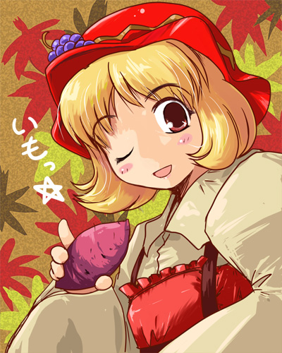 kanoe soushi, aki minoriko, touhou, lowres, 1girl, female focus, food, plant, solo, sweet potato, upper body, wink
